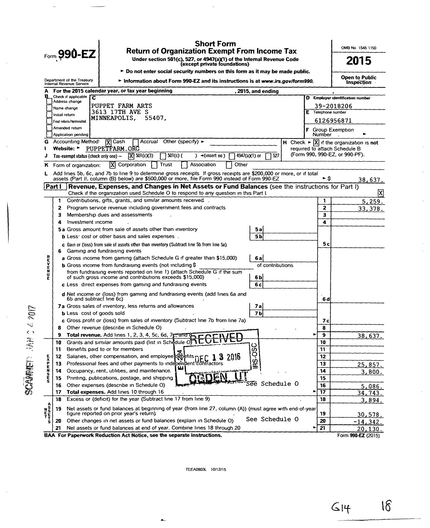 Image of first page of 2015 Form 990EZ for Puppet Farm Arts