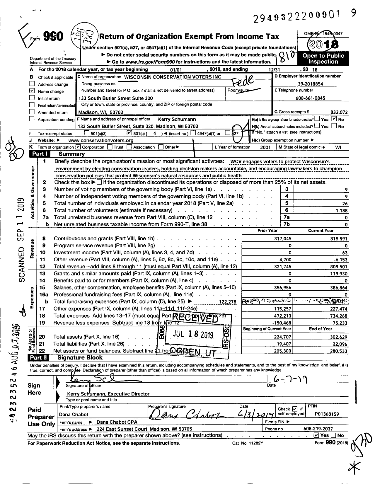 Image of first page of 2018 Form 990O for Wisconsin Conservation Voters