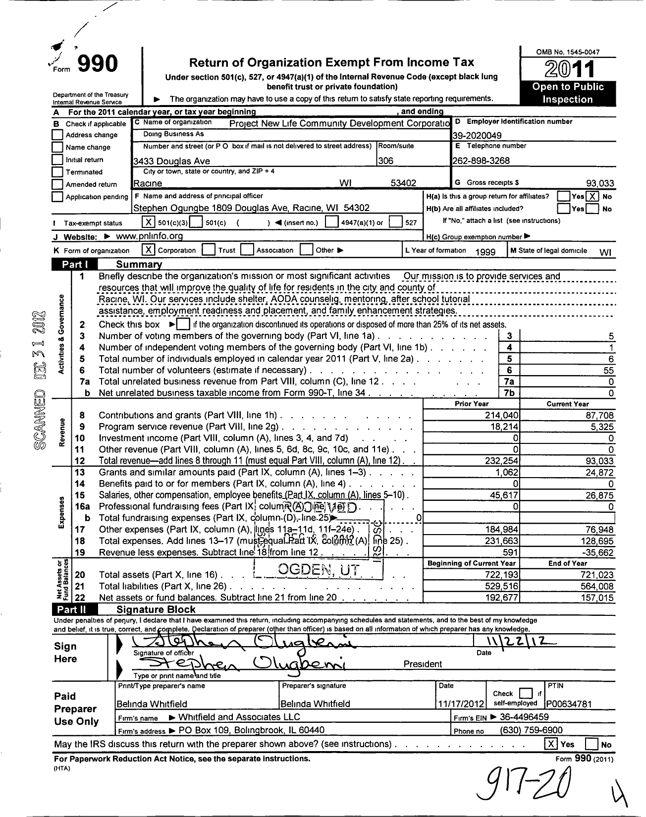Image of first page of 2011 Form 990 for Project New Life Community Development Corporation