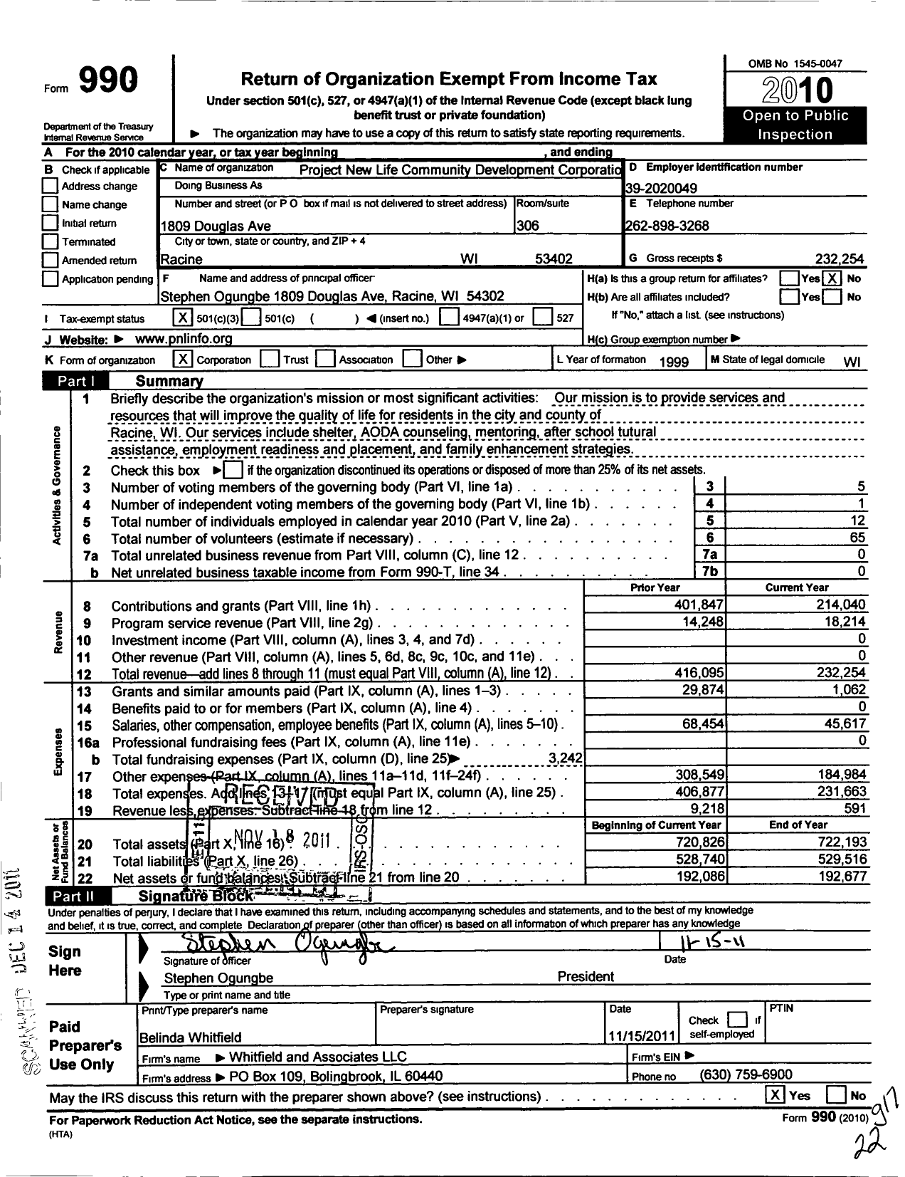 Image of first page of 2010 Form 990 for Project New Life Community Development Corporation