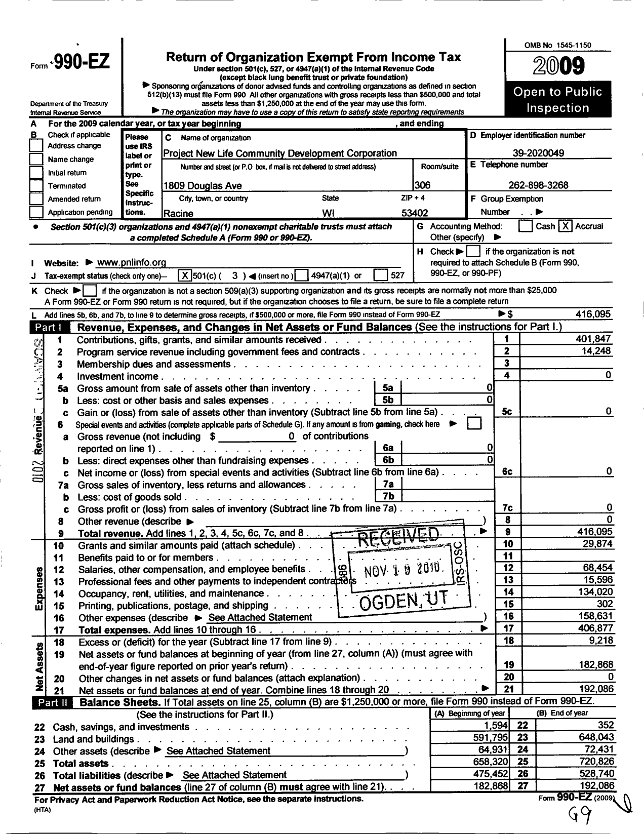 Image of first page of 2009 Form 990EZ for Project New Life Community Development Corporation