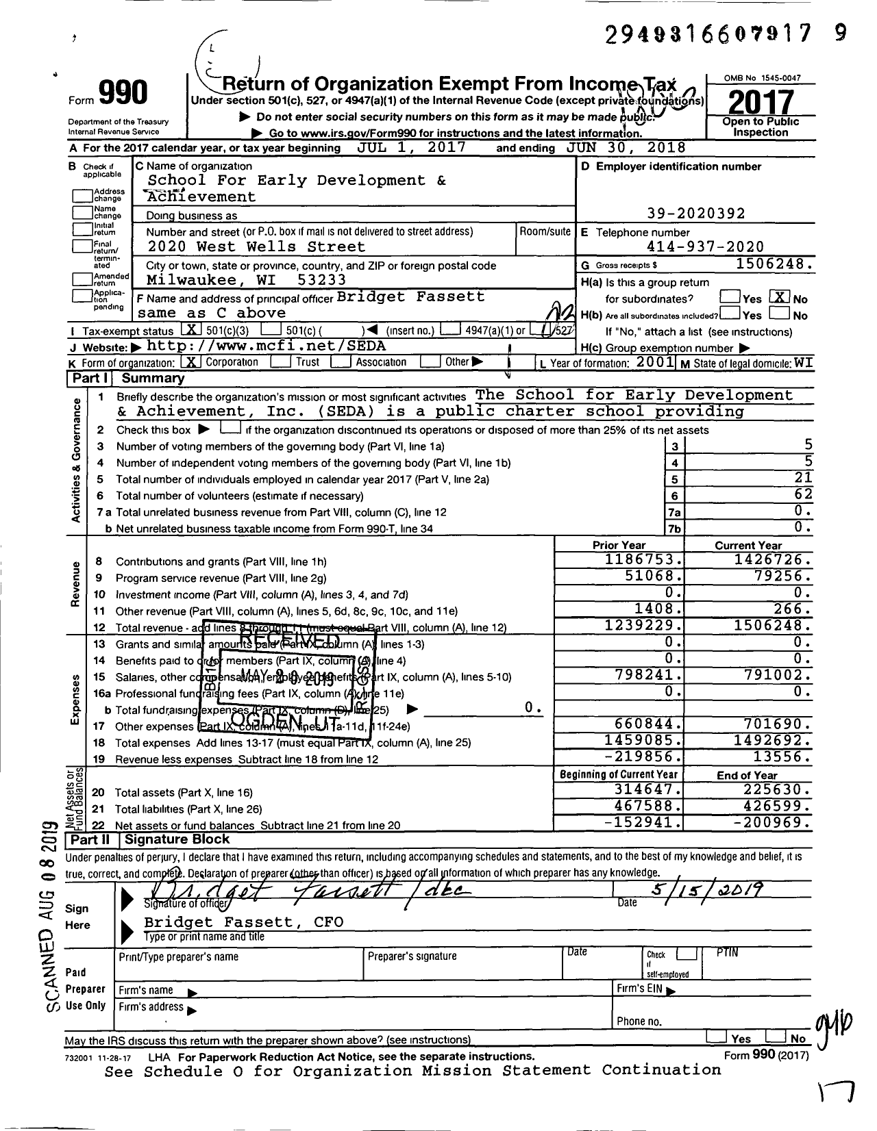 Image of first page of 2017 Form 990 for School For Early Development and Achievement
