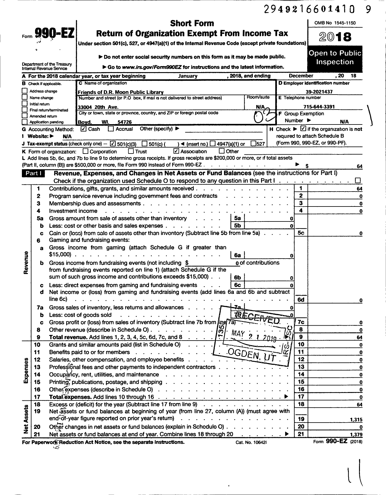 Image of first page of 2018 Form 990EZ for Friends of D R Moon Public Library