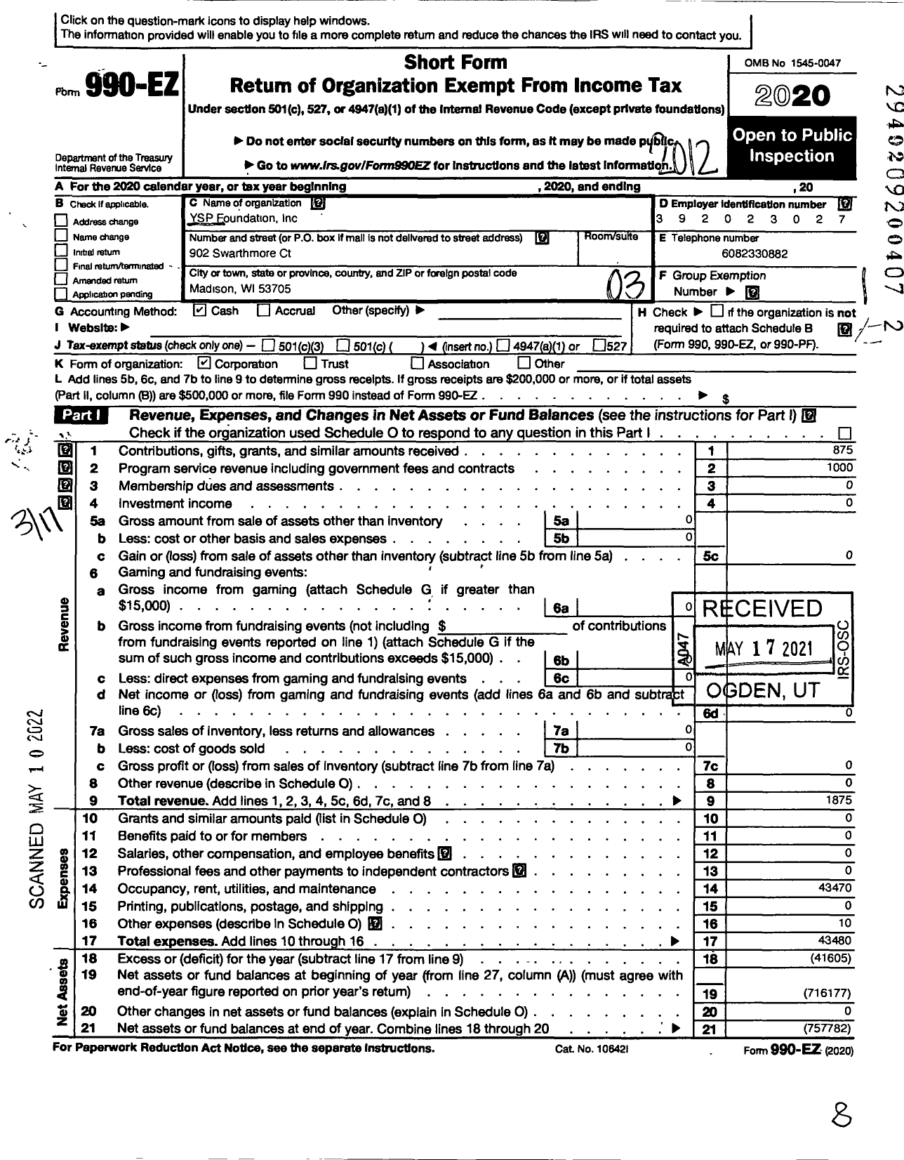 Image of first page of 2020 Form 990EZ for Ysp Foundation