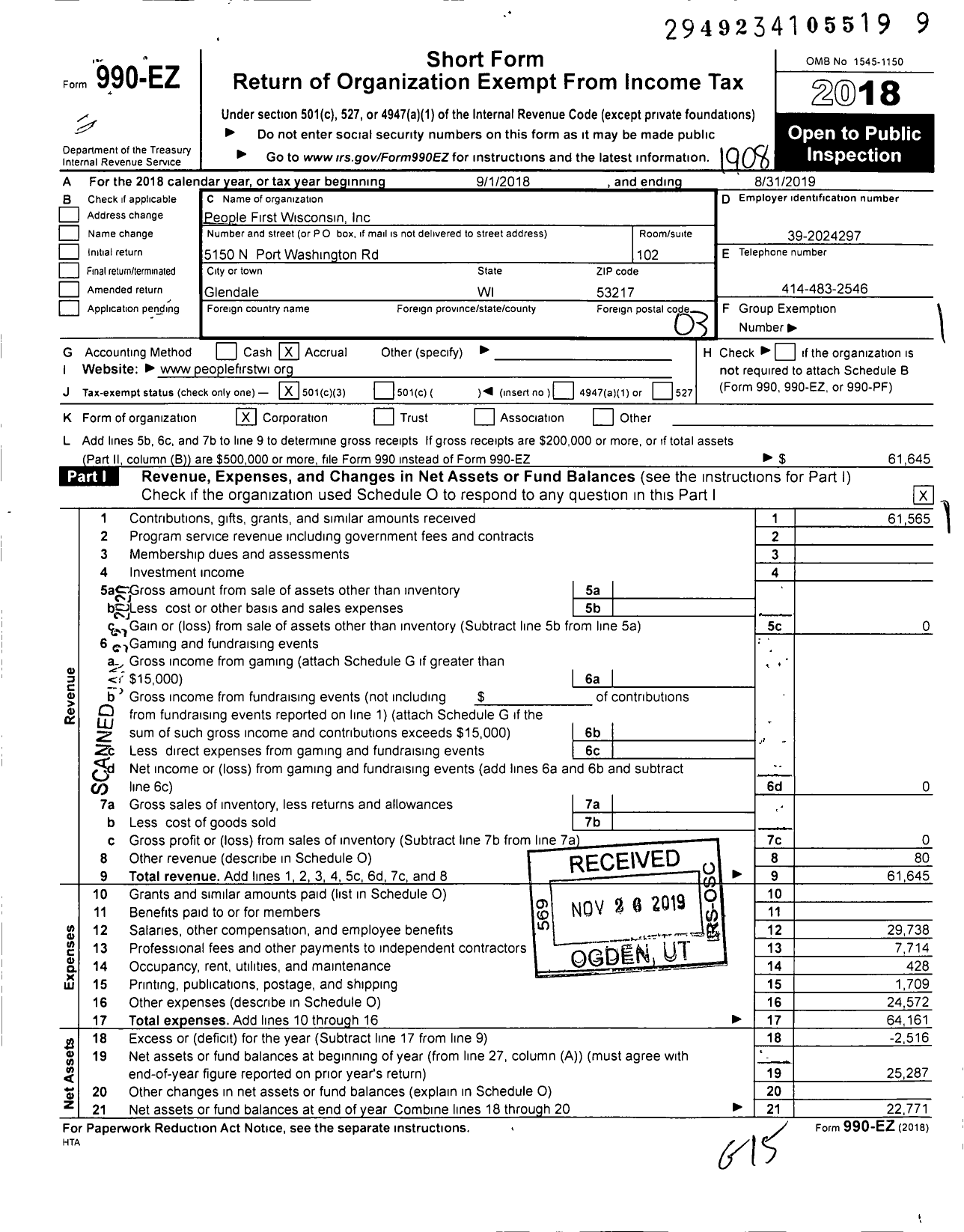 Image of first page of 2018 Form 990EZ for People First Wisconsin