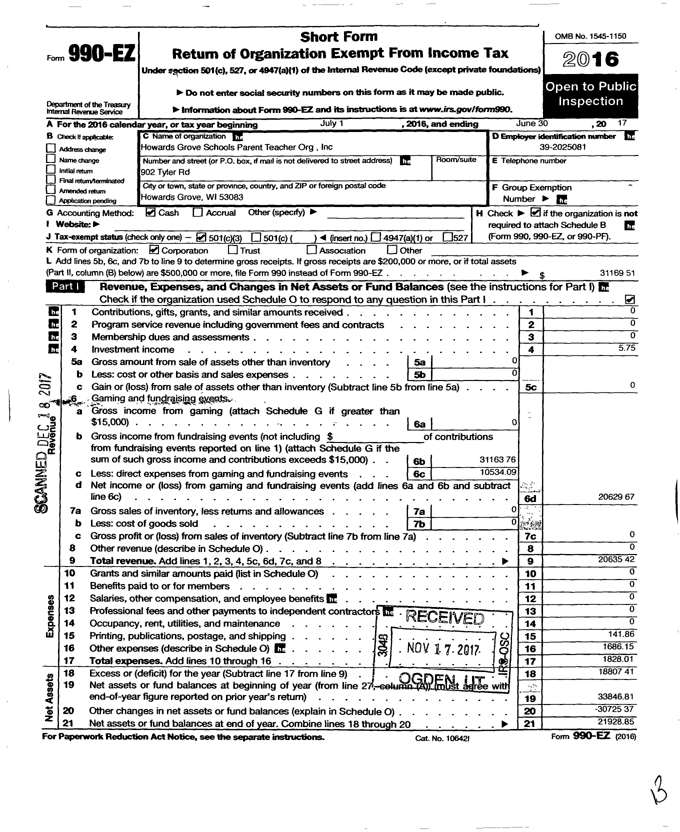 Image of first page of 2016 Form 990EZ for Howards Grove Schools Parent- Teacher Organization