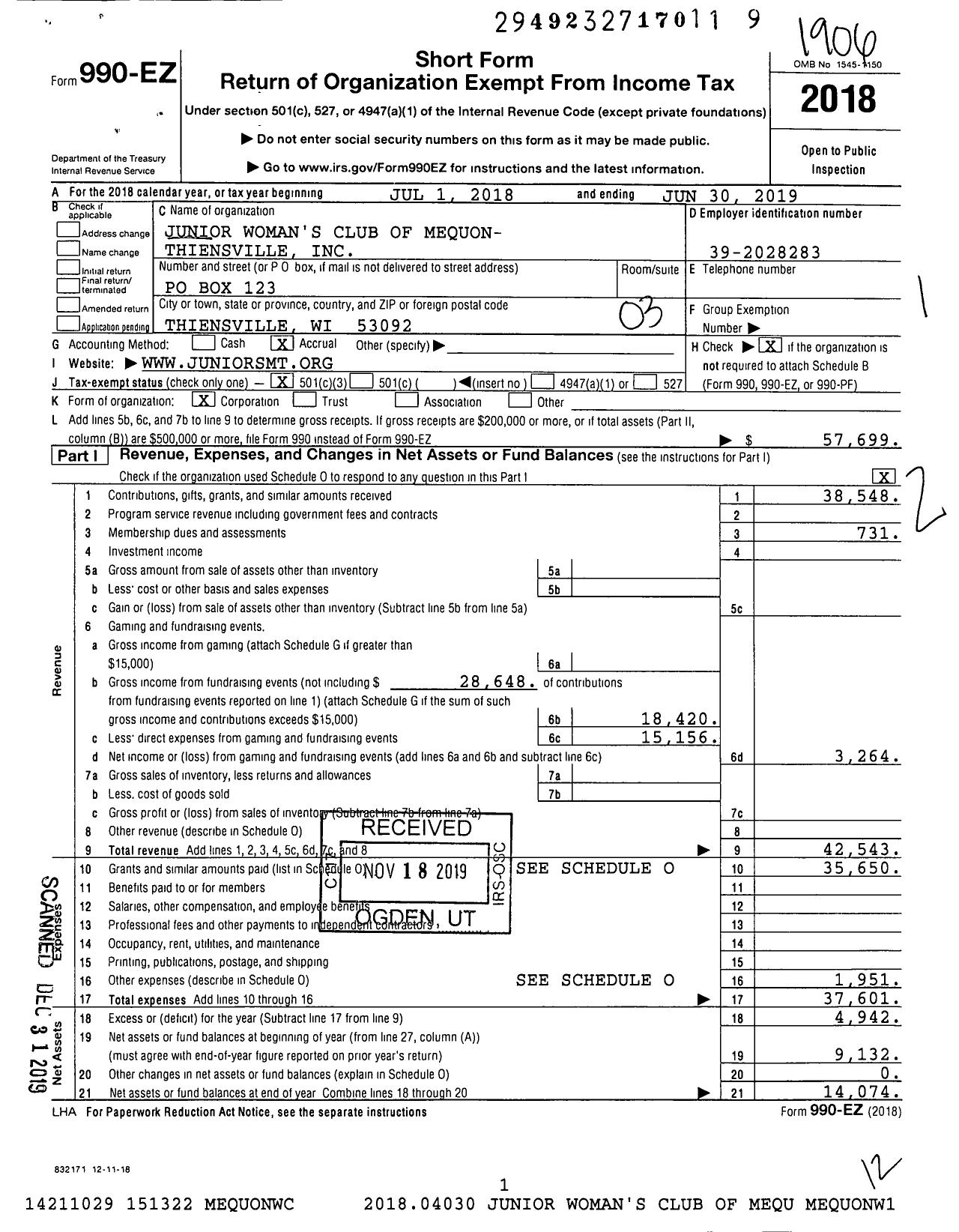 Image of first page of 2018 Form 990EZ for Junior Woman's Club of Mequon- Thiensville