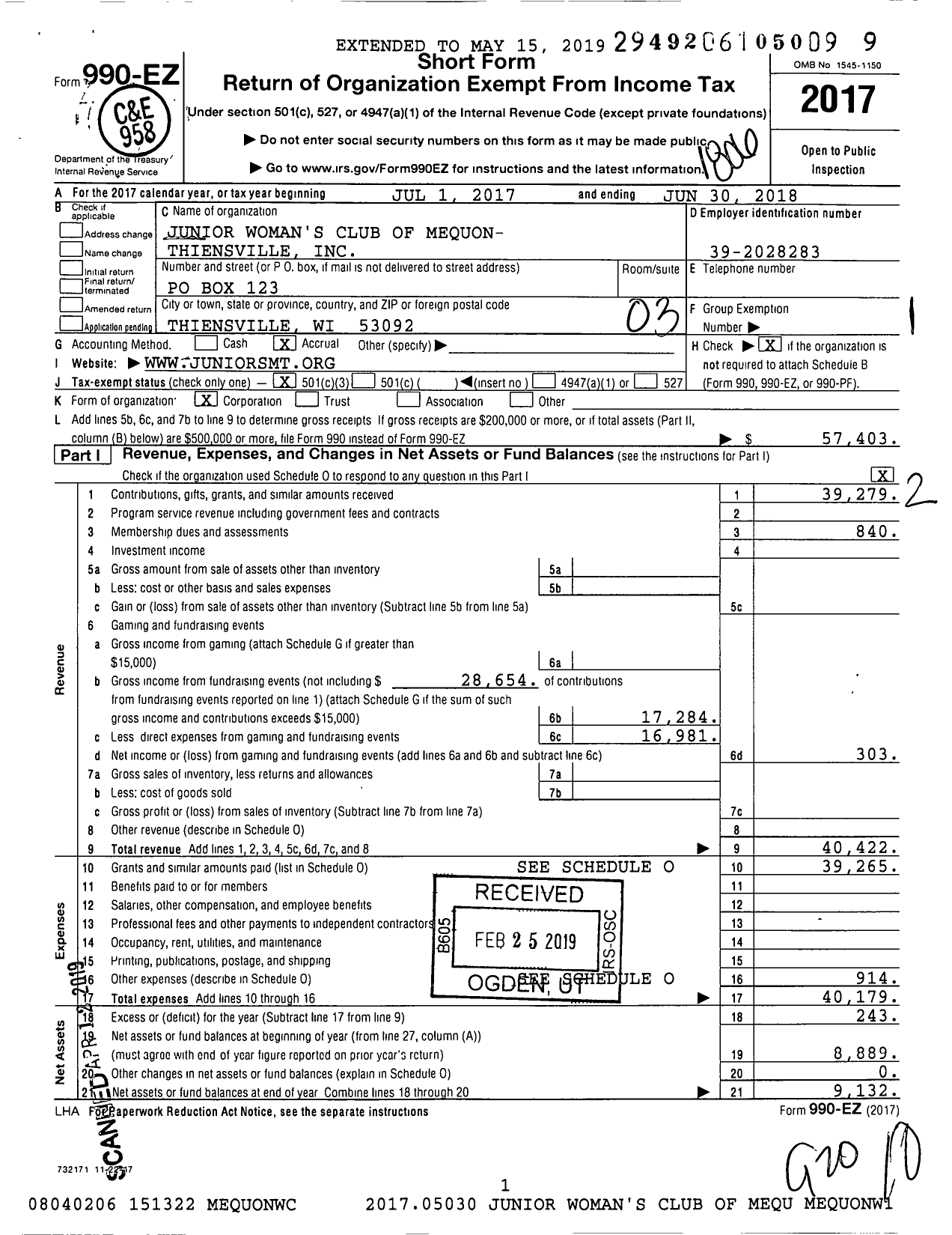 Image of first page of 2017 Form 990EZ for Junior Woman's Club of Mequon- Thiensville