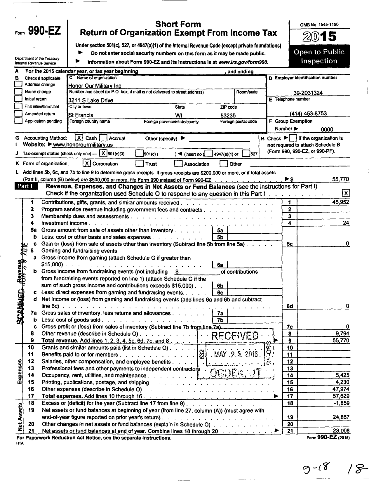 Image of first page of 2015 Form 990EZ for Honor Our Military