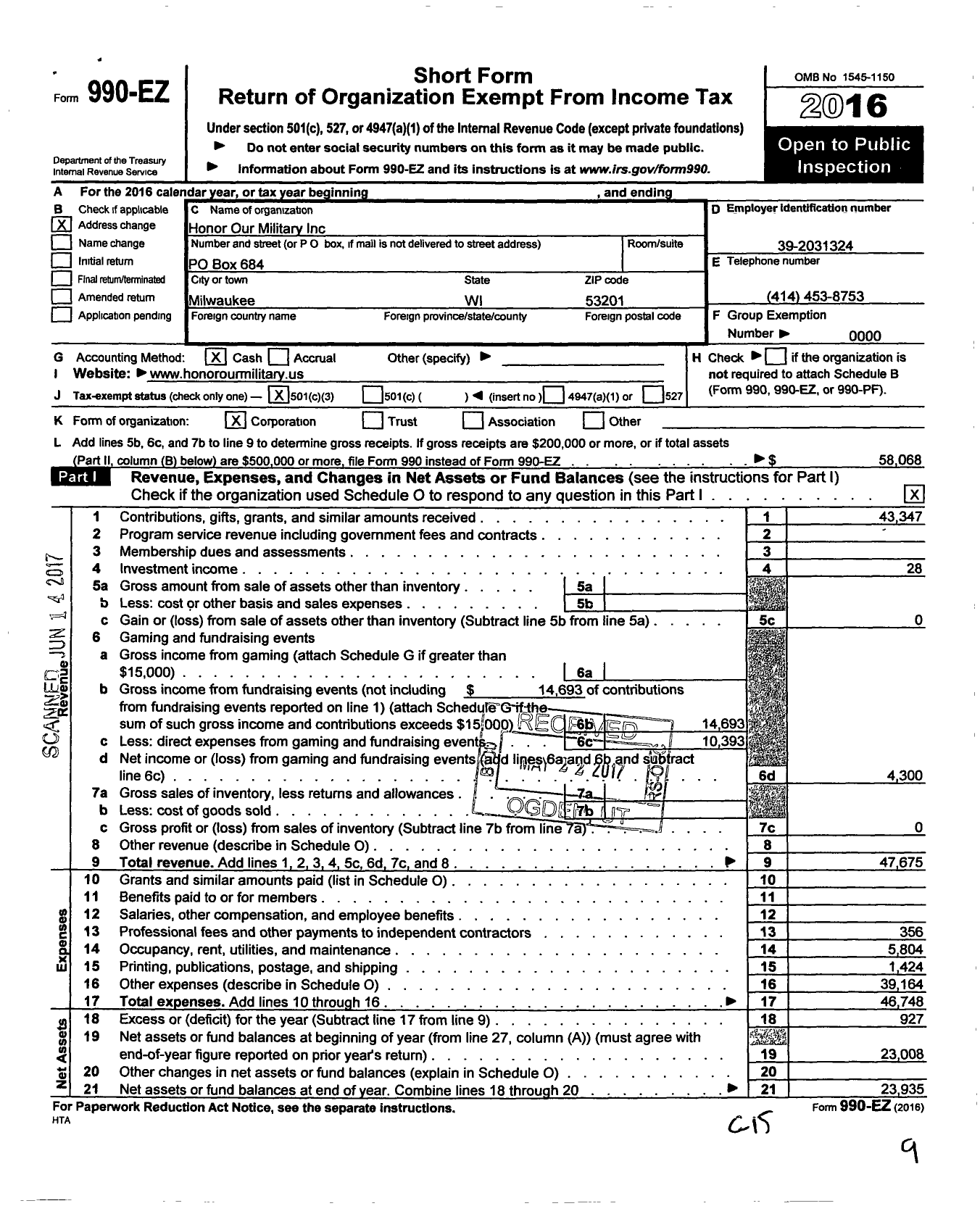 Image of first page of 2016 Form 990EZ for Honor Our Military