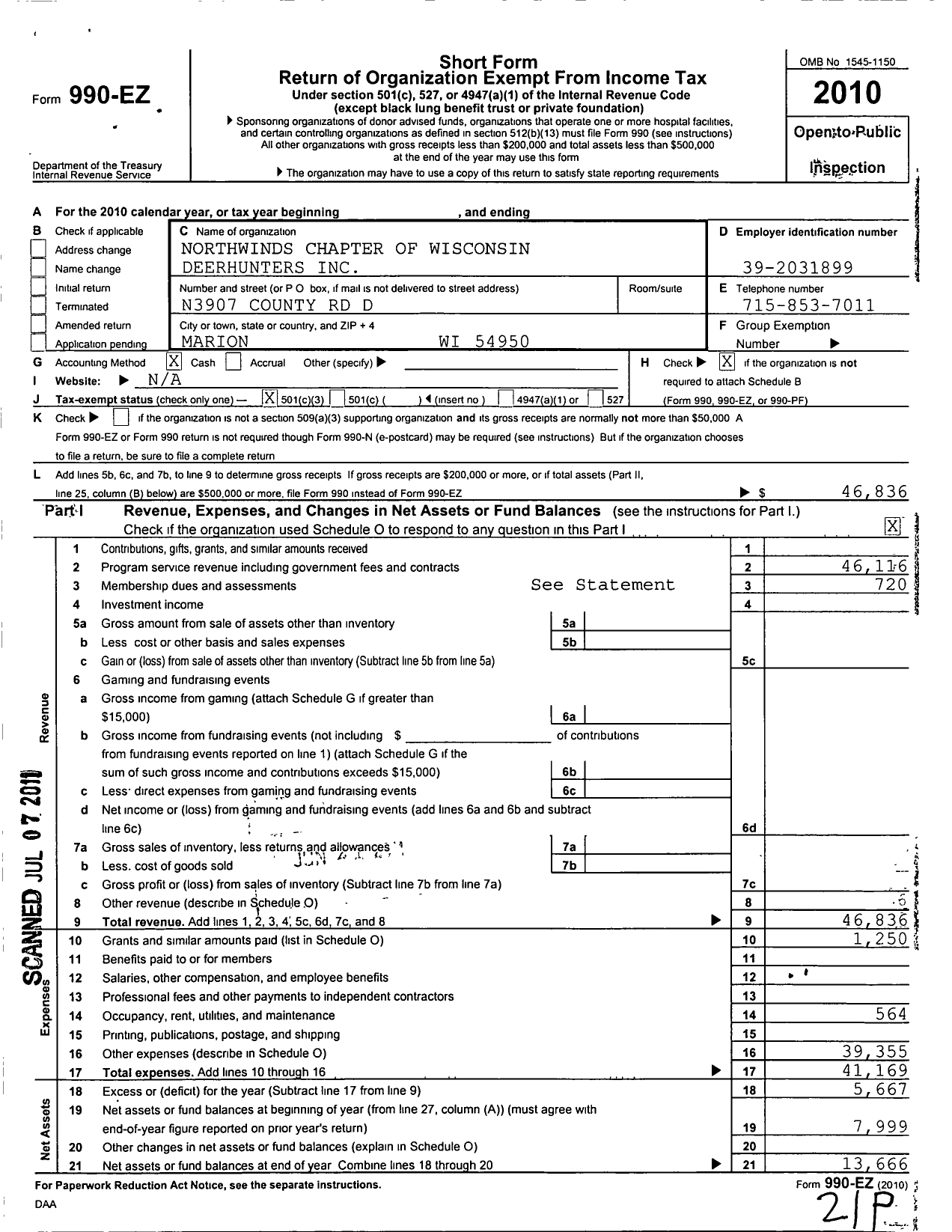 Image of first page of 2010 Form 990EZ for Wisconsin Deerhunters / Northwinds Chapter