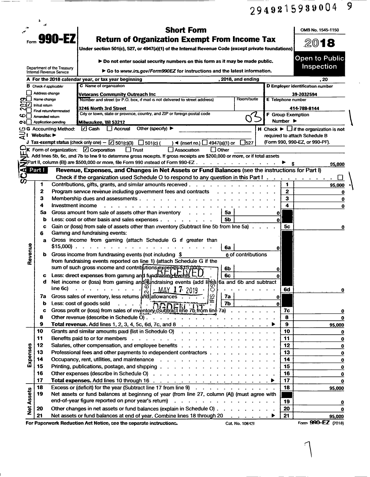 Image of first page of 2018 Form 990EZ for Veterans Community Outreach