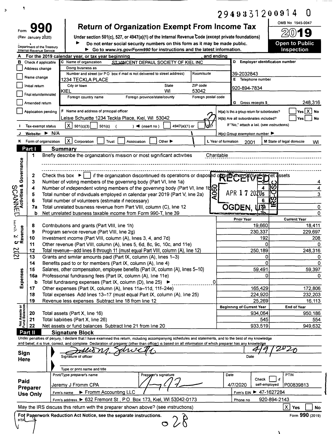 Image of first page of 2019 Form 990 for St Vincent Depaul Society of Kiel