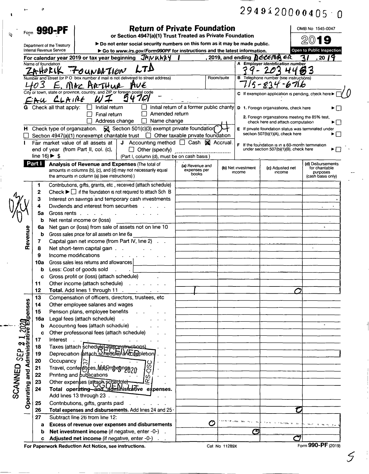 Image of first page of 2019 Form 990PR for Zahorik Foundation