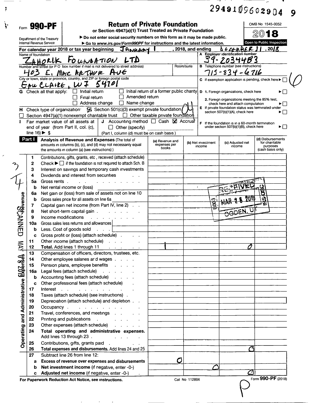 Image of first page of 2018 Form 990PF for Zahorik Foundation