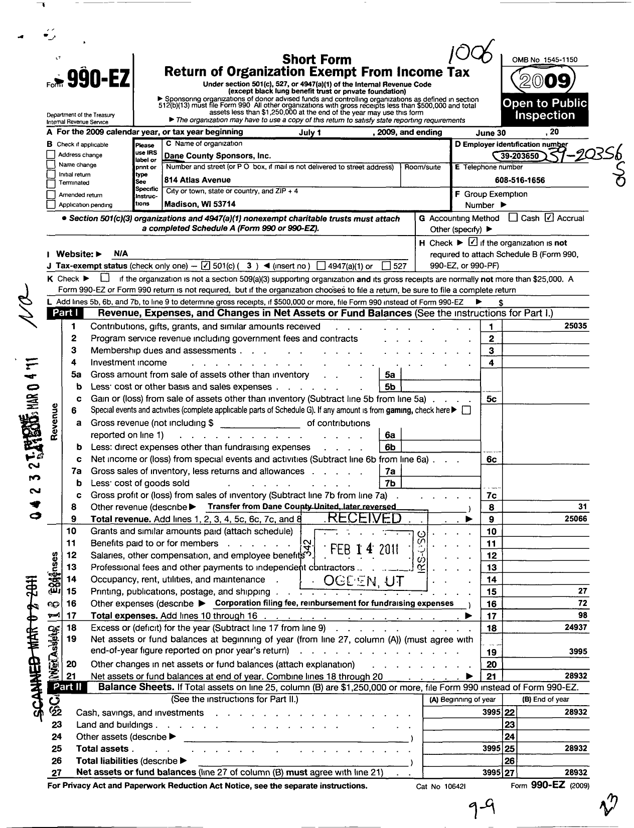 Image of first page of 2009 Form 990EZ for Dane County Sponsors