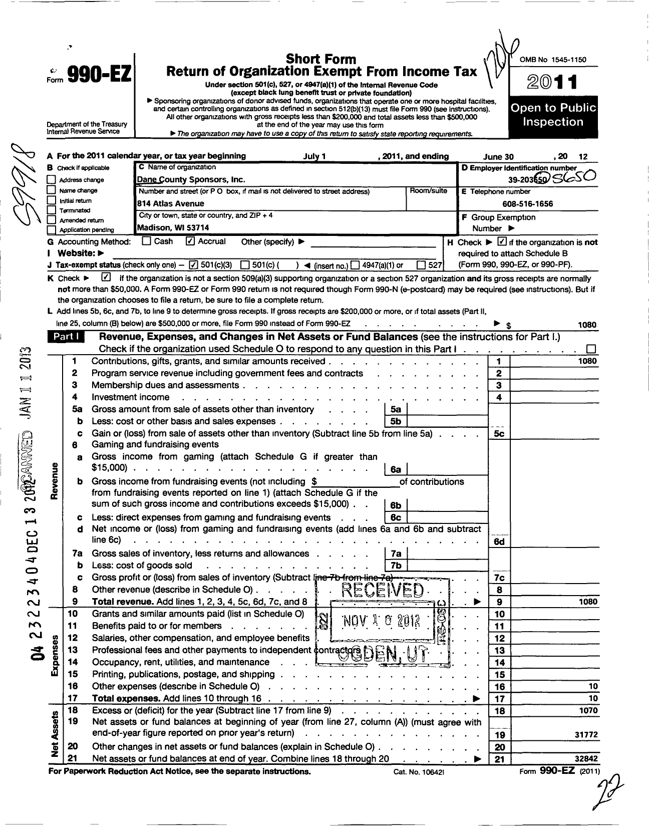 Image of first page of 2011 Form 990EZ for Dane County Sponsors