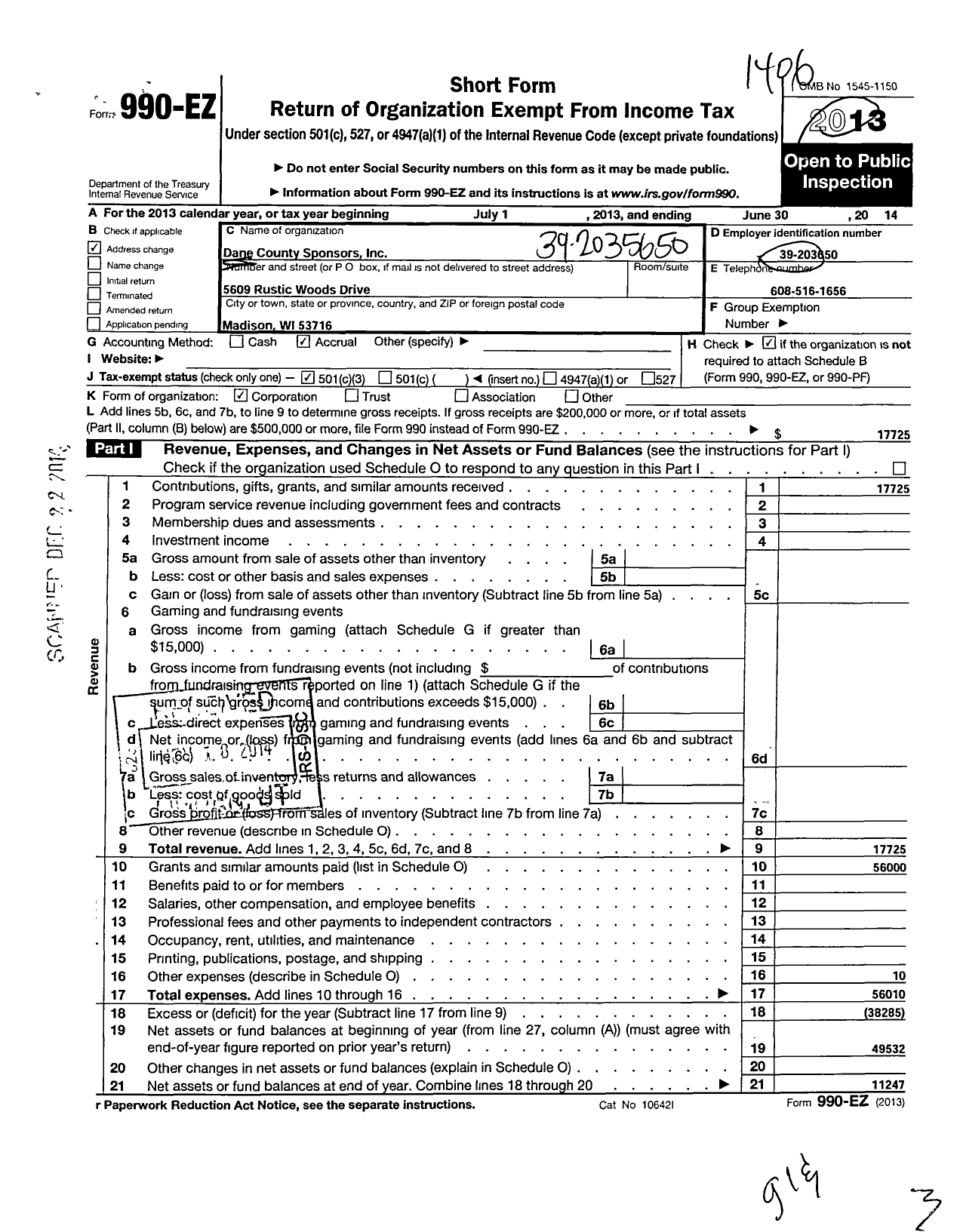 Image of first page of 2013 Form 990EZ for Dane County Sponsors