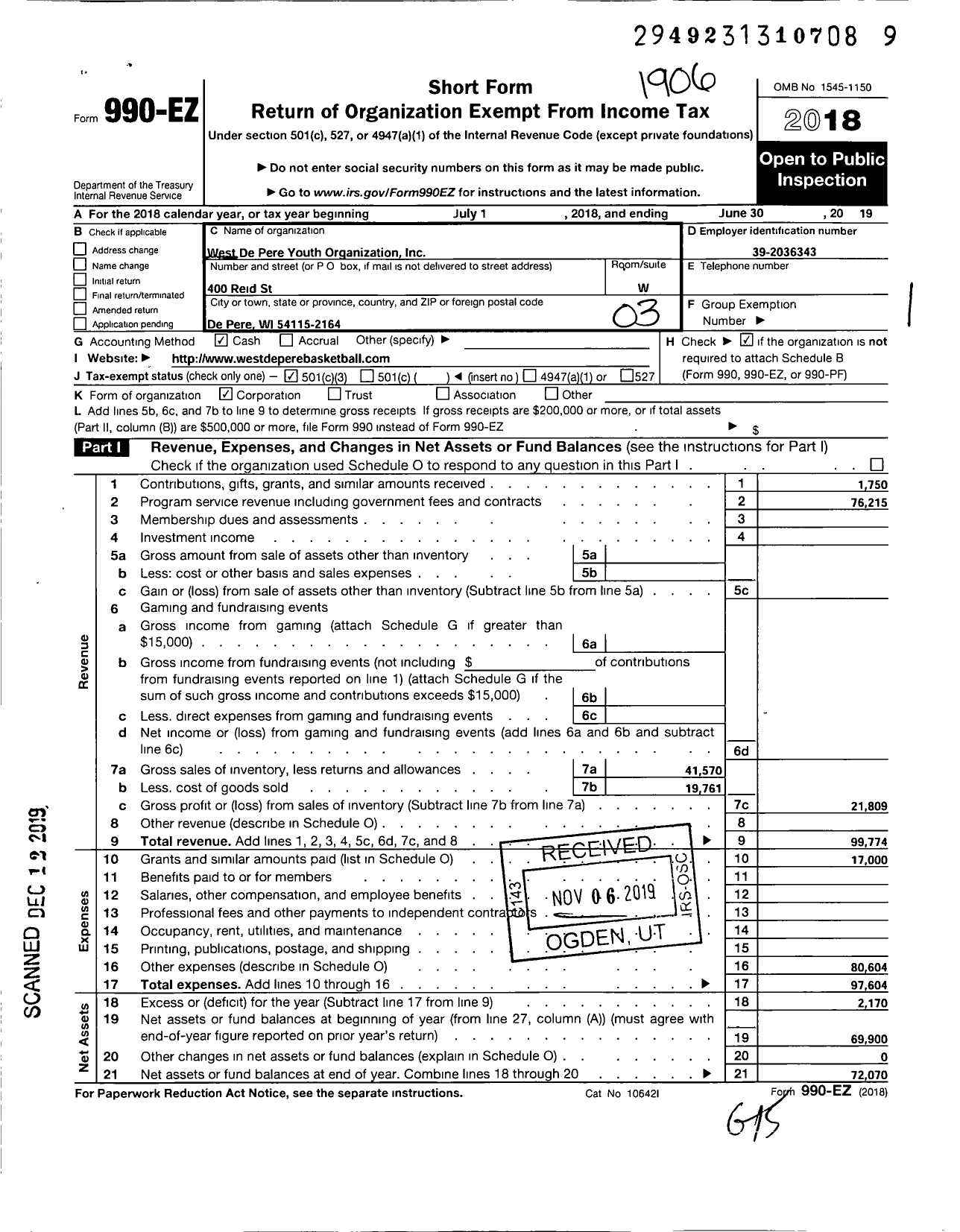 Image of first page of 2018 Form 990EZ for West Depere Youth Organization