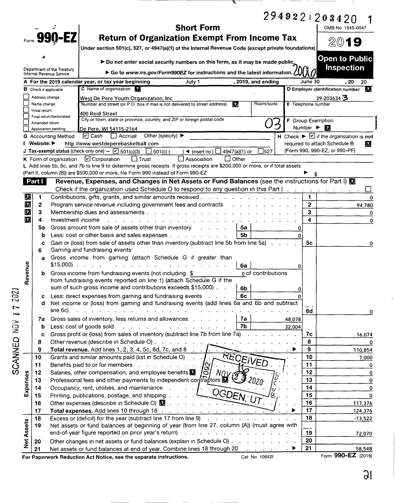 Image of first page of 2019 Form 990EZ for West Depere Youth Organization