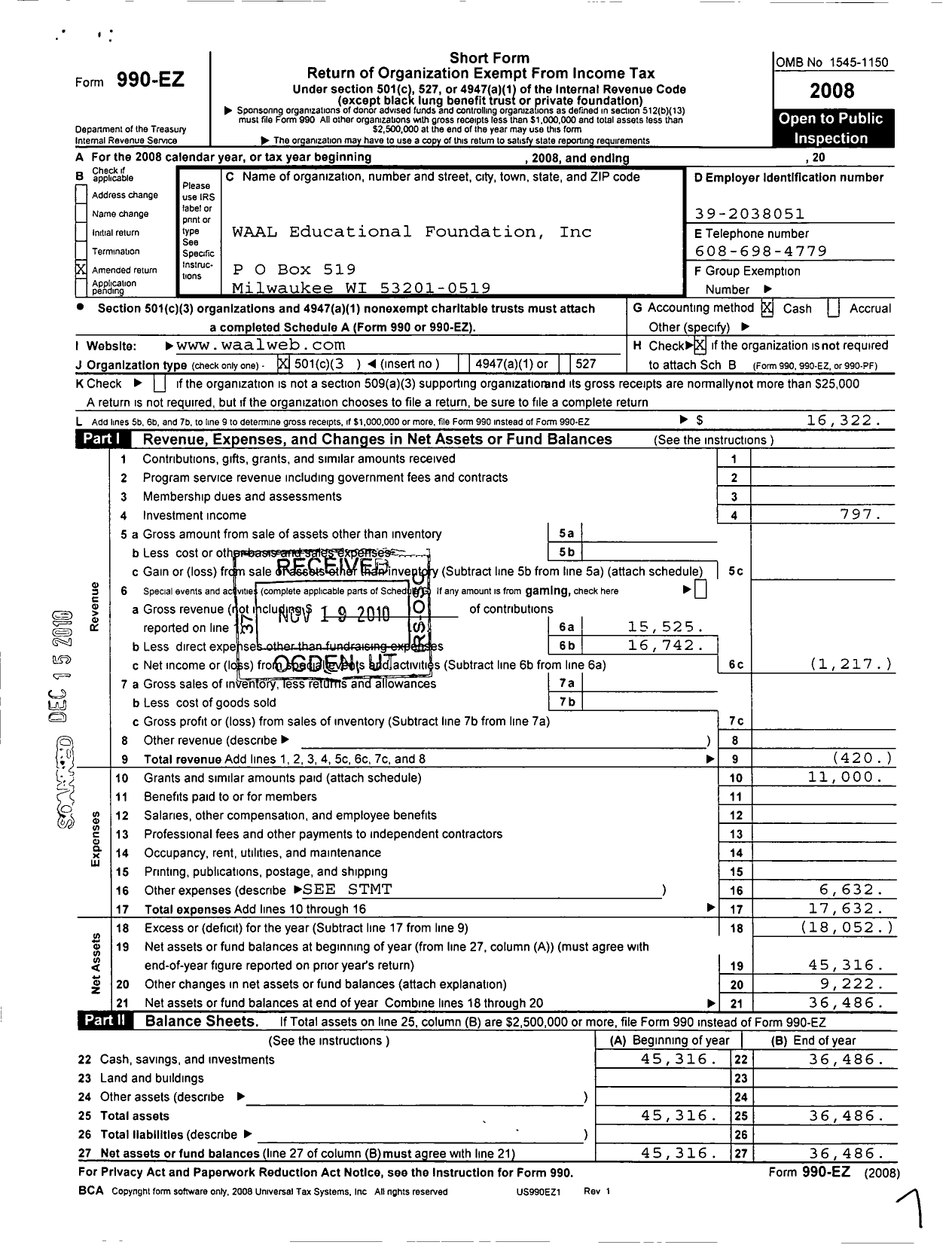 Image of first page of 2008 Form 990EZ for Waal Educational Foundation