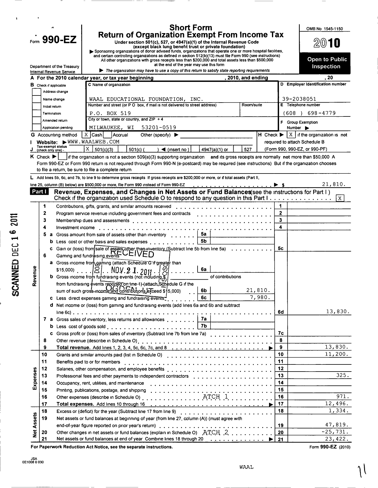 Image of first page of 2010 Form 990EZ for Waal Educational Foundation