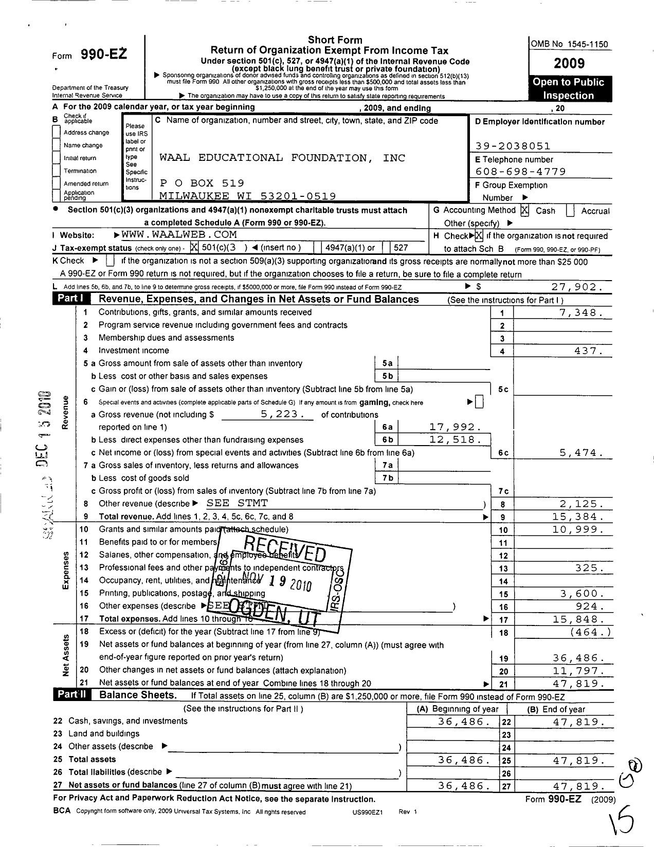 Image of first page of 2009 Form 990EZ for Waal Educational Foundation