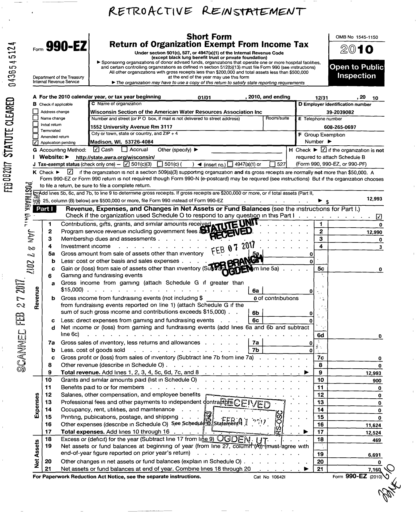 Image of first page of 2010 Form 990EZ for Wisconsin Section of the American Water Resources Association