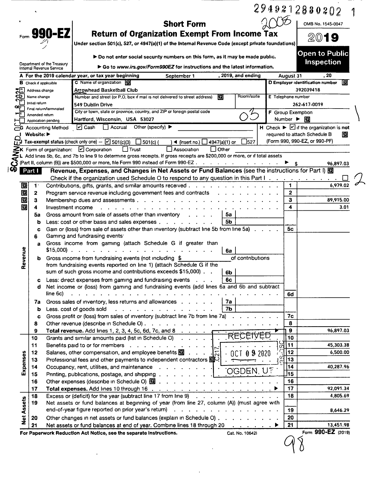 Image of first page of 2019 Form 990EZ for Arrowhead Basketball Club