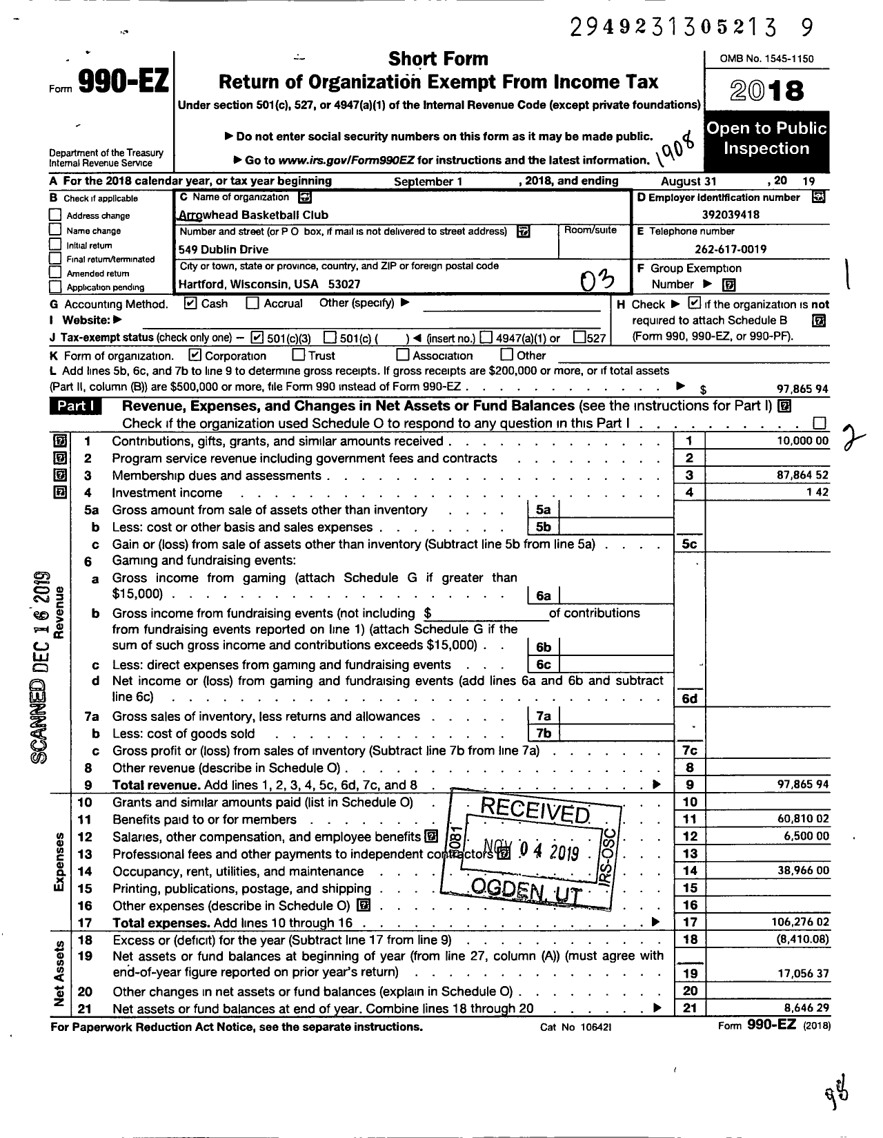 Image of first page of 2018 Form 990EZ for Arrowhead Basketball Club