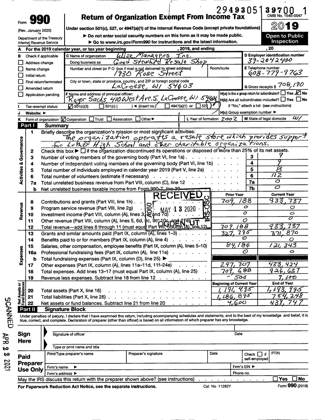 Image of first page of 2019 Form 990 for Wise Managers