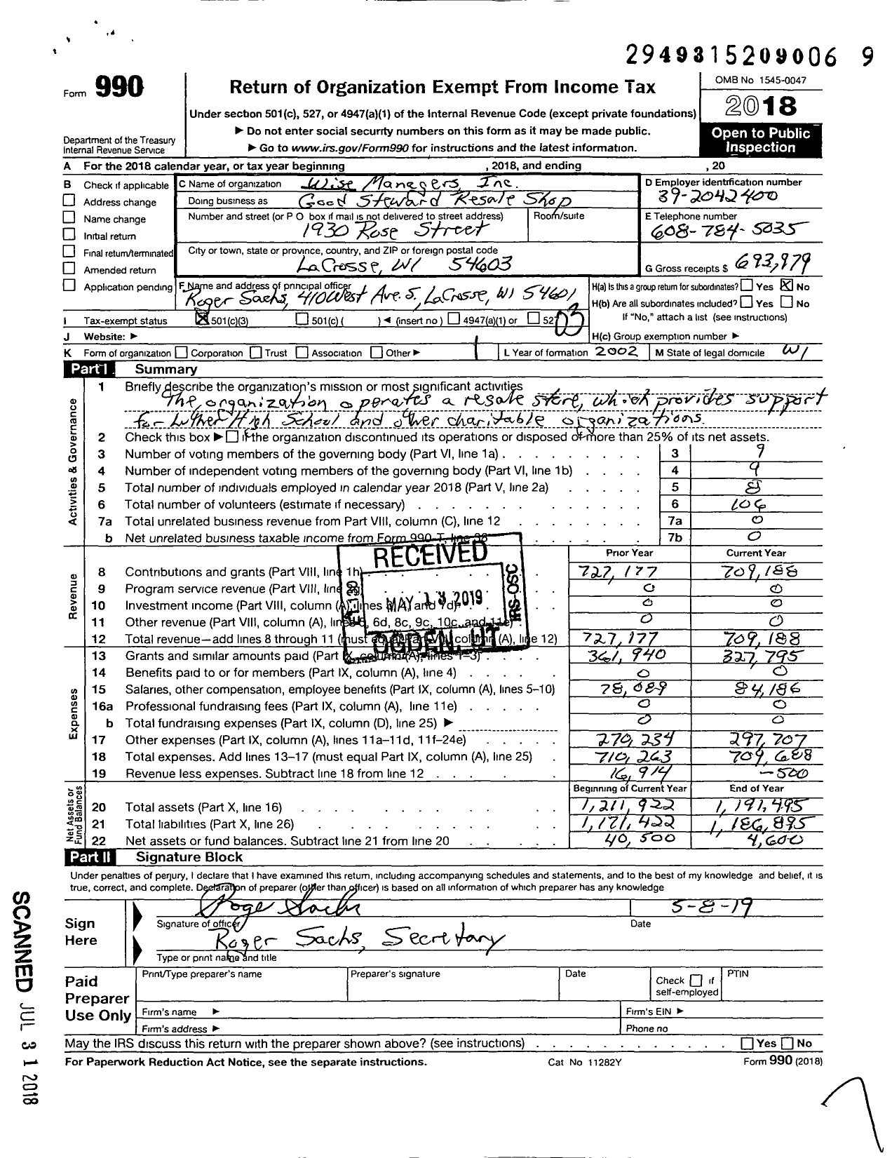 Image of first page of 2018 Form 990 for Wise Managers