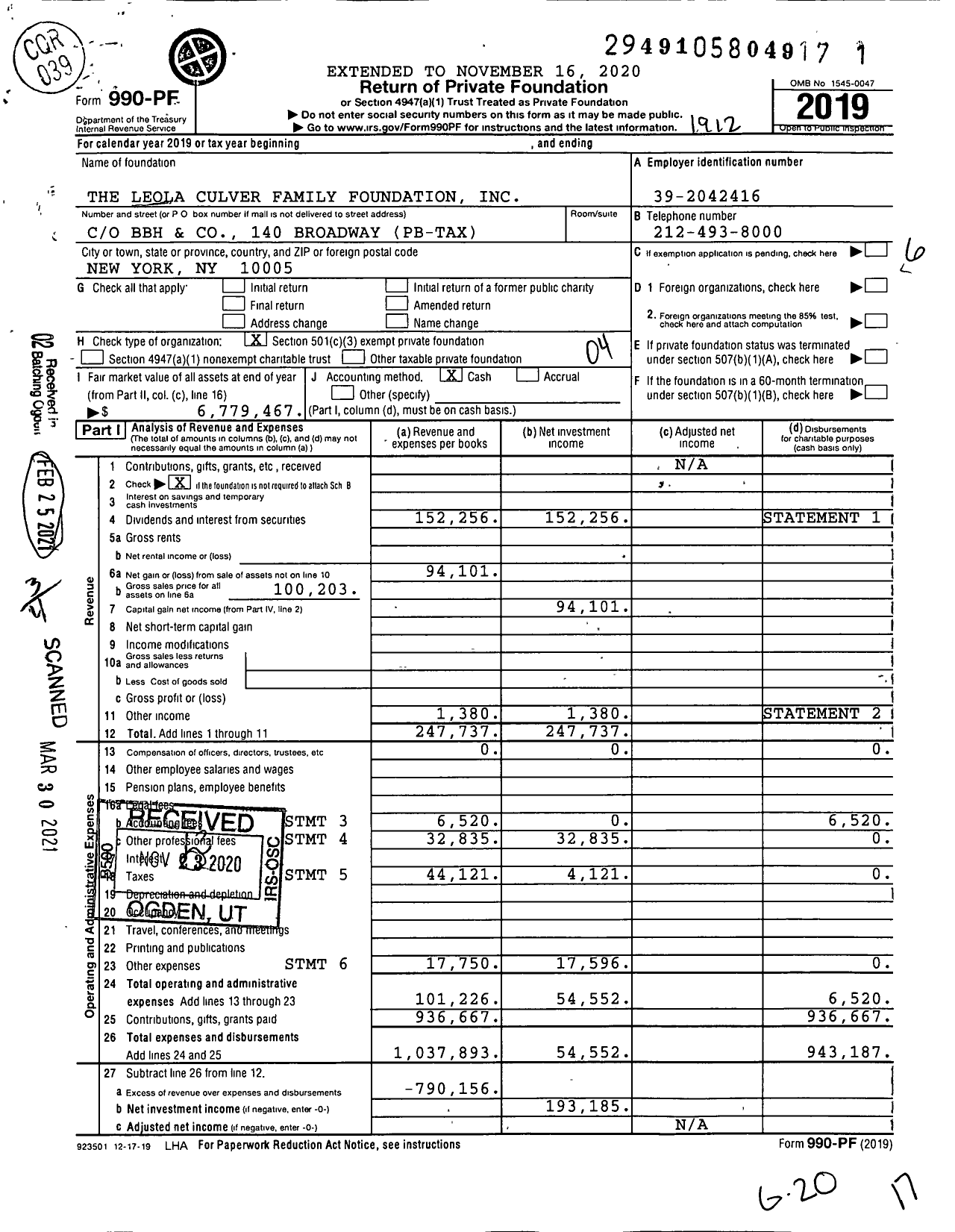 Image of first page of 2019 Form 990PF for The Leola Culver Family Foundation