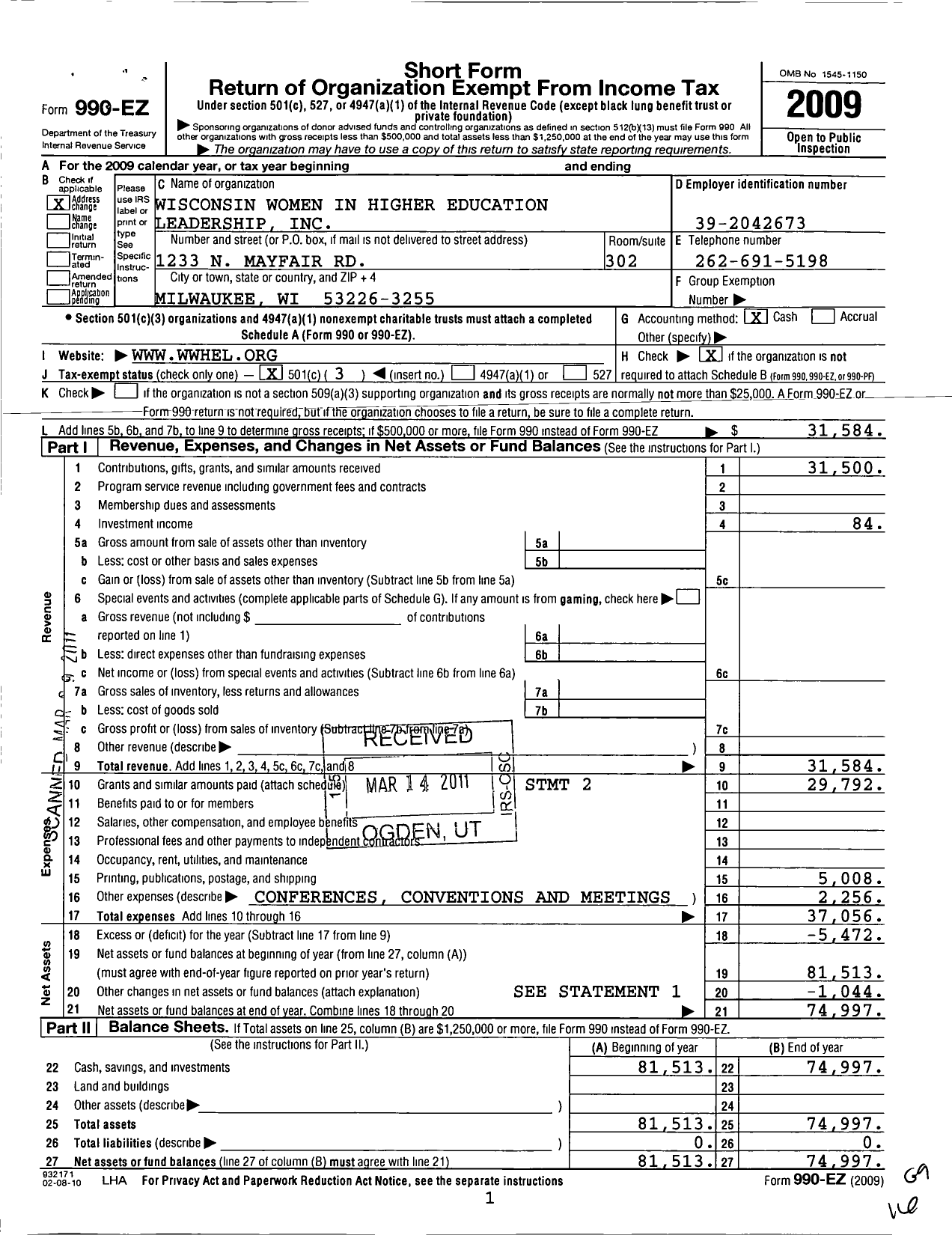 Image of first page of 2009 Form 990EZ for Wisconsin Women in Higher Education Leadership