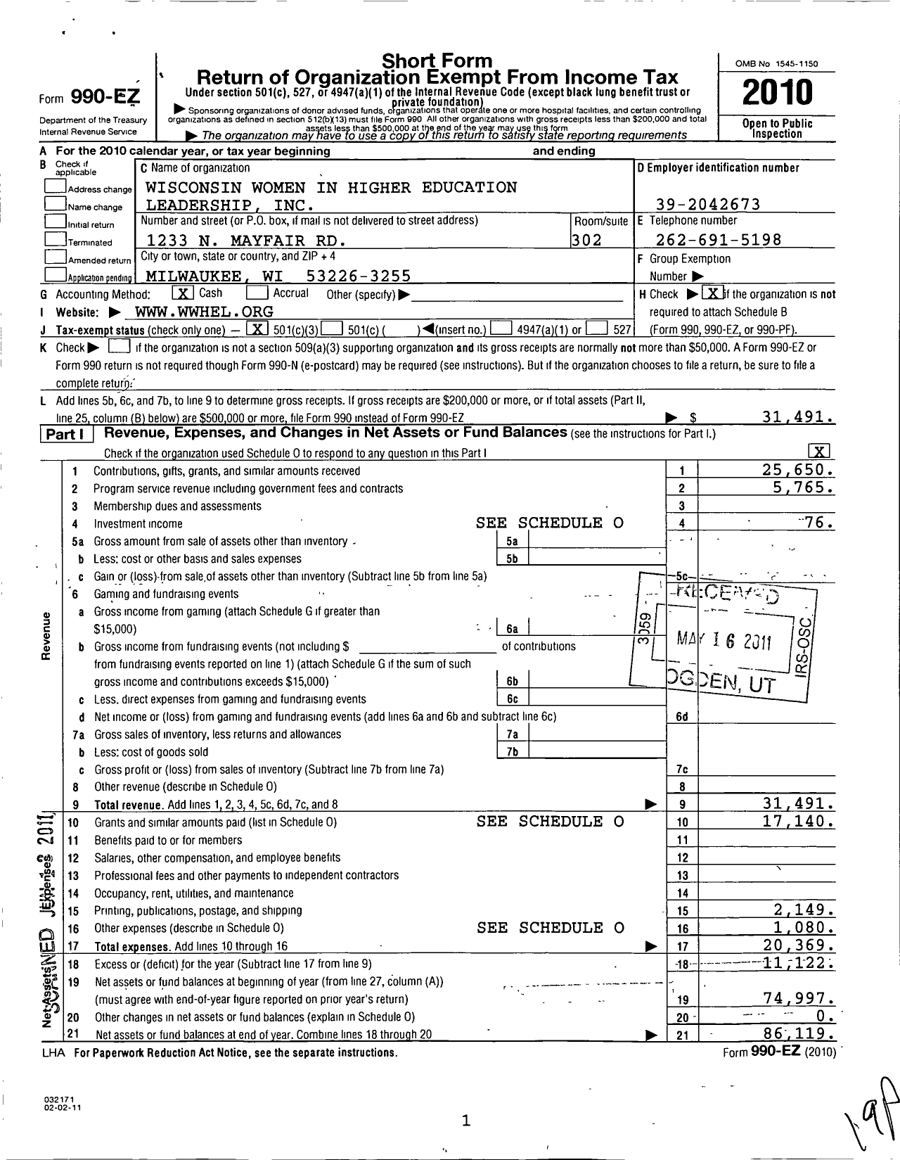 Image of first page of 2010 Form 990EZ for Wisconsin Women in Higher Education Leadership