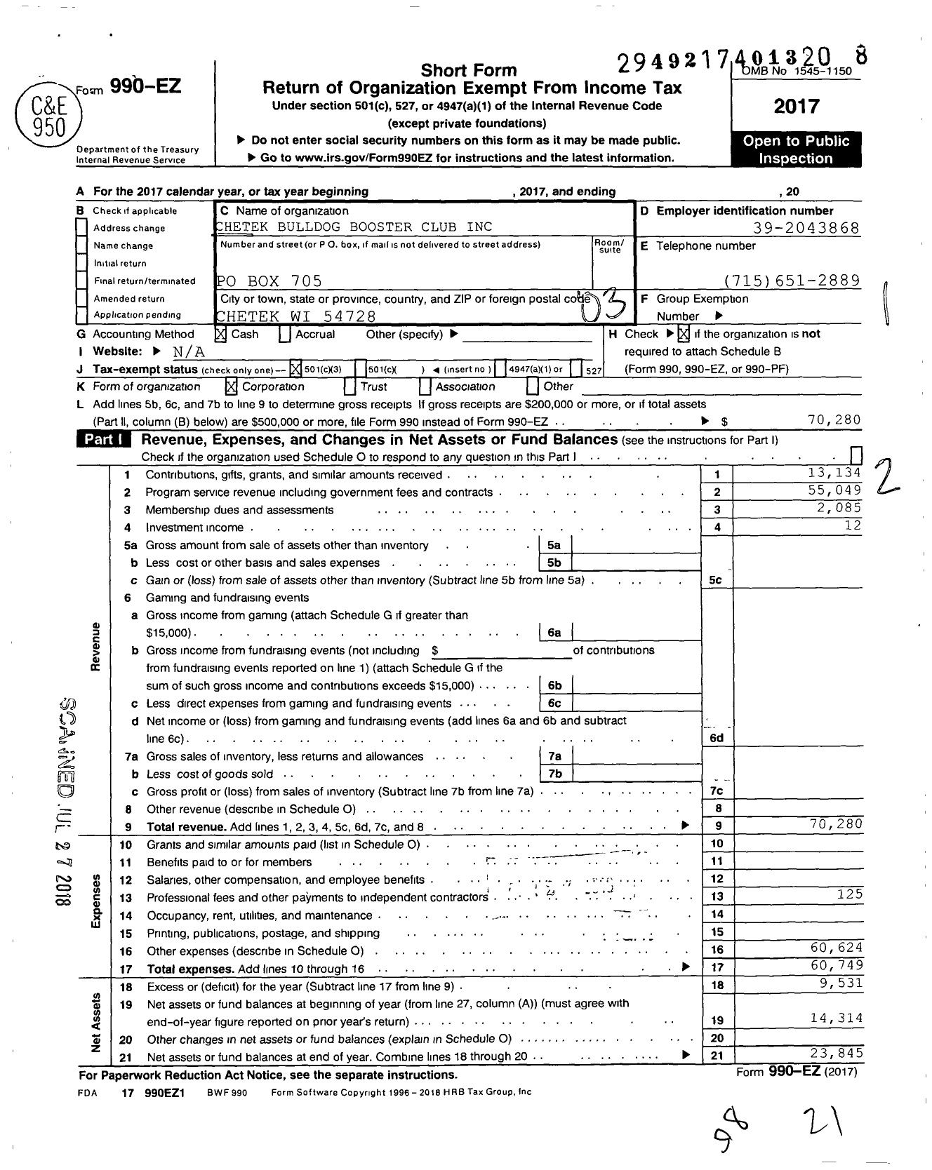 Image of first page of 2017 Form 990EZ for Chetek Bulldog Booster Club