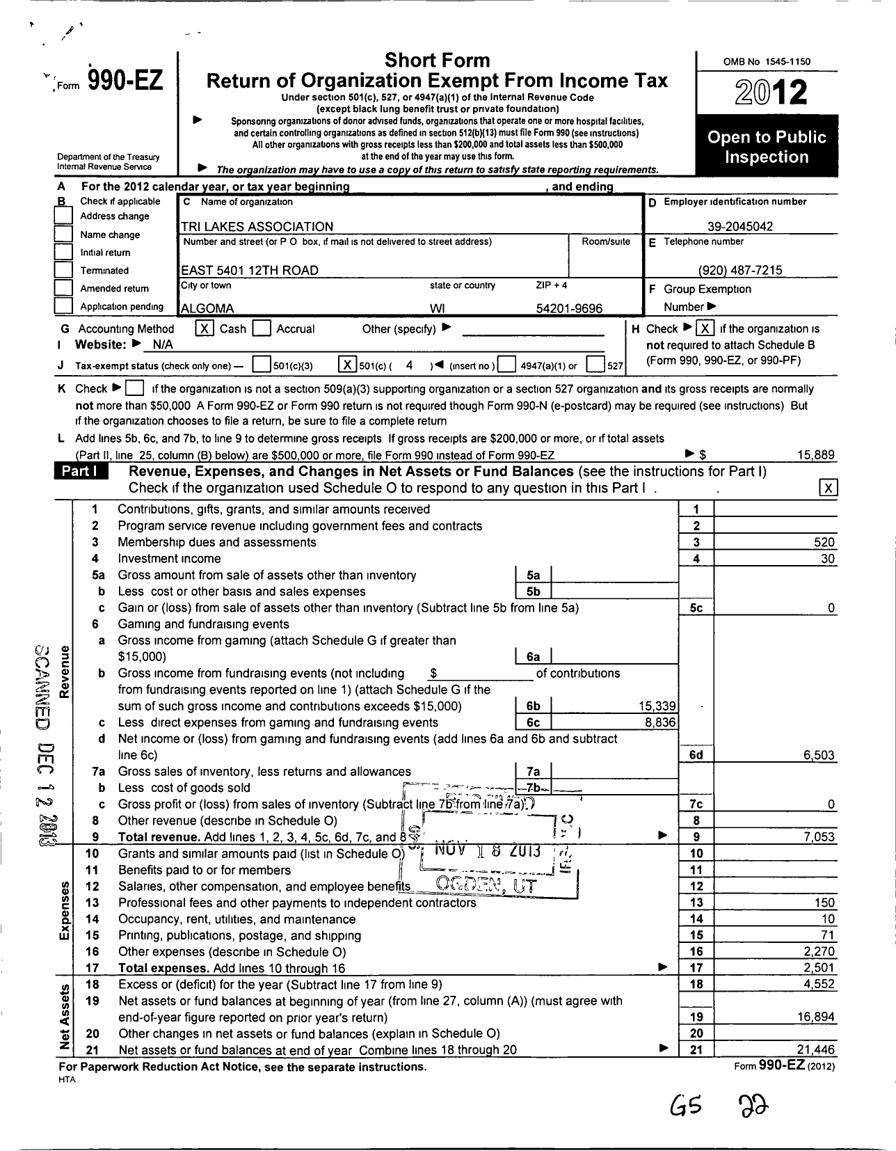 Image of first page of 2012 Form 990EO for Kewaunee County Lakes Association