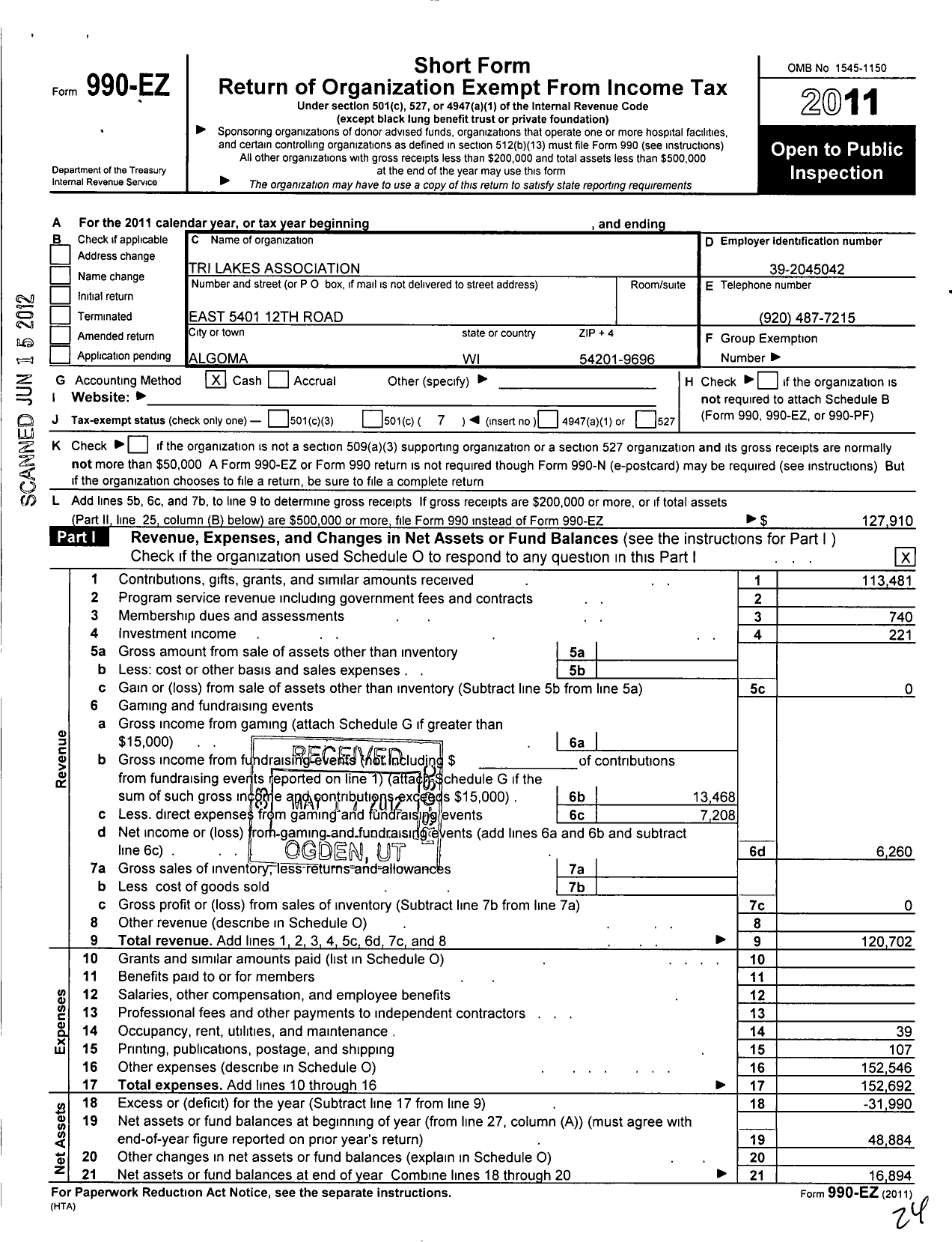 Image of first page of 2011 Form 990EO for Kewaunee County Lakes Association