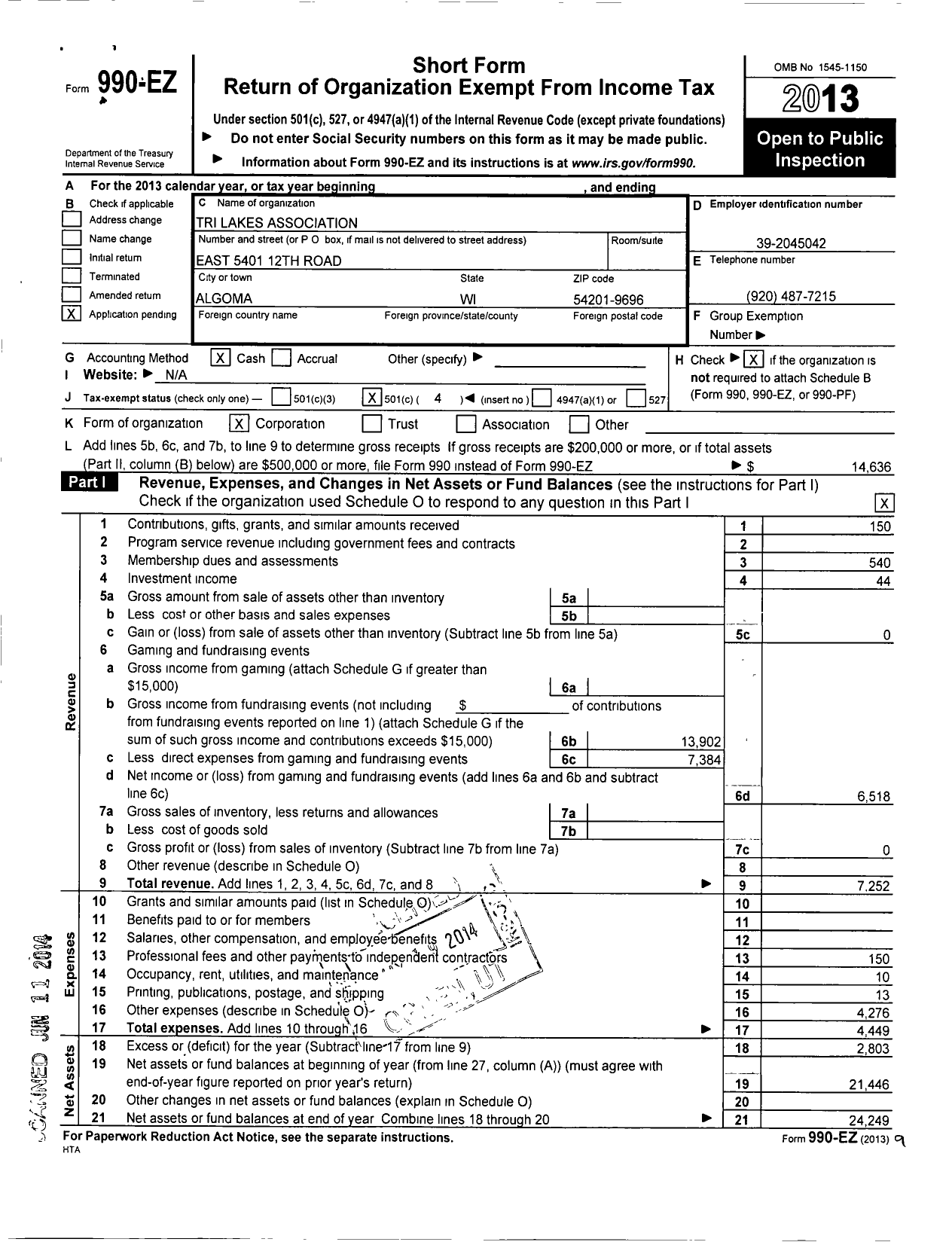 Image of first page of 2013 Form 990EO for Kewaunee County Lakes Association