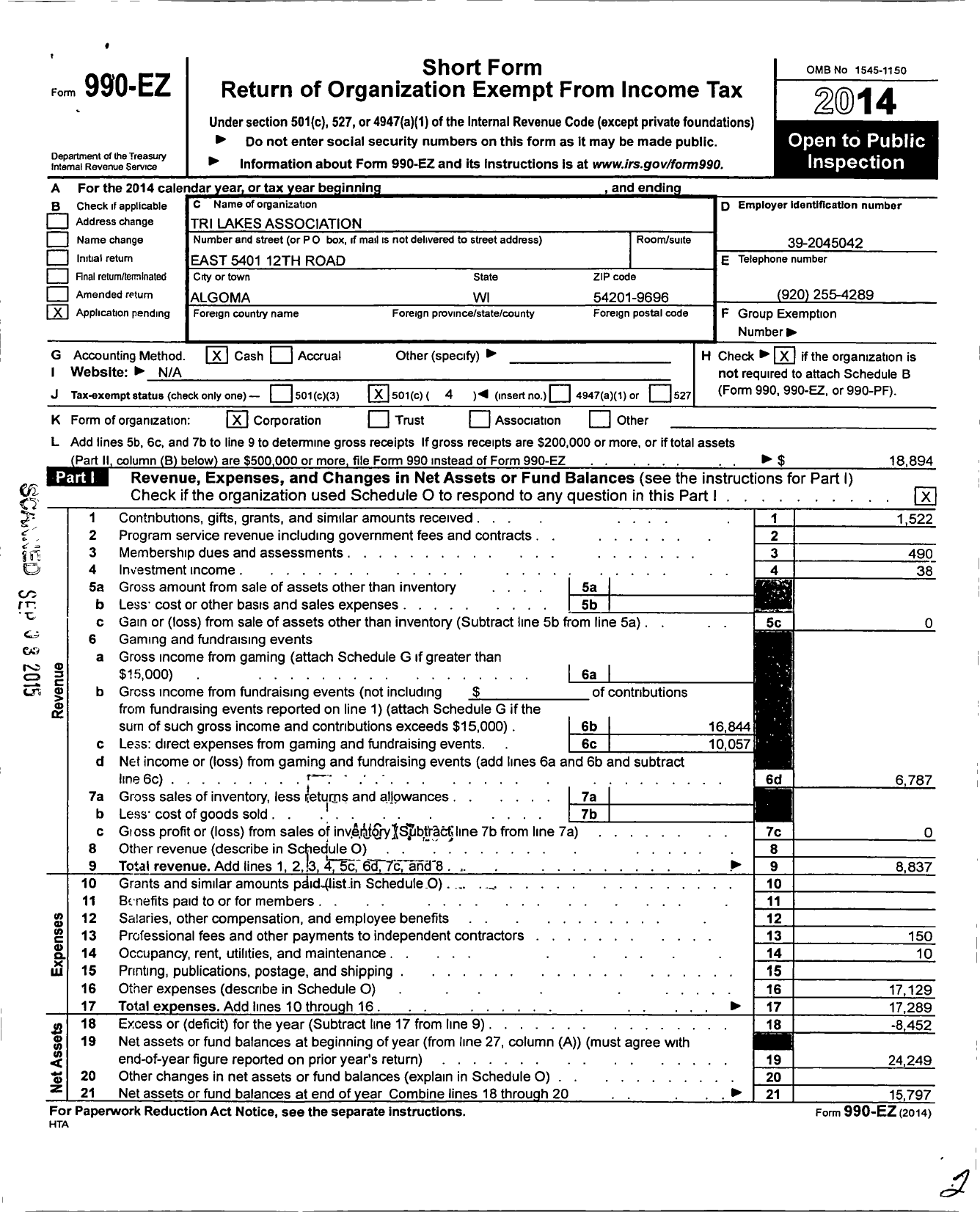 Image of first page of 2014 Form 990EO for Kewaunee County Lakes Association