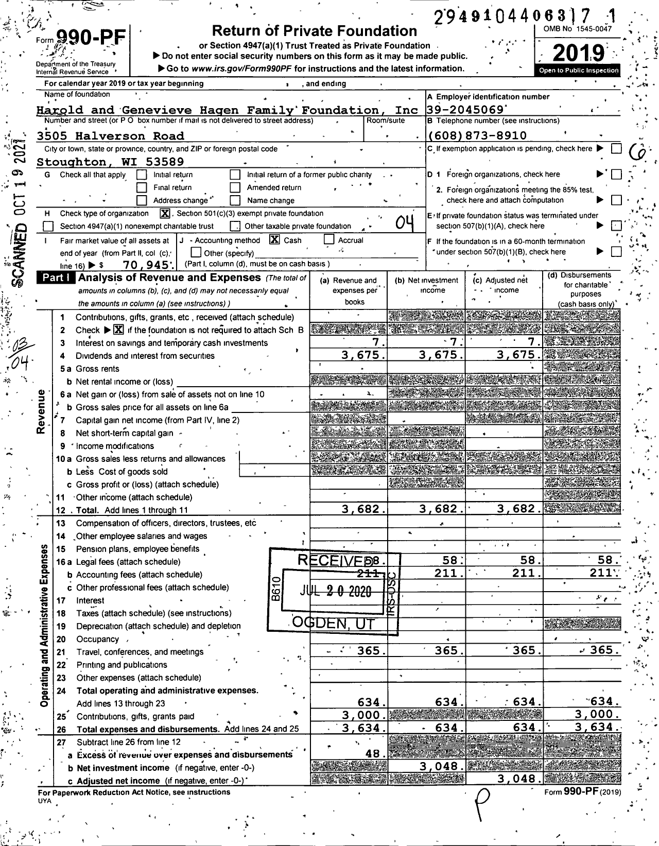 Image of first page of 2019 Form 990PF for Harold and Genevieve Hagen Family Foundation