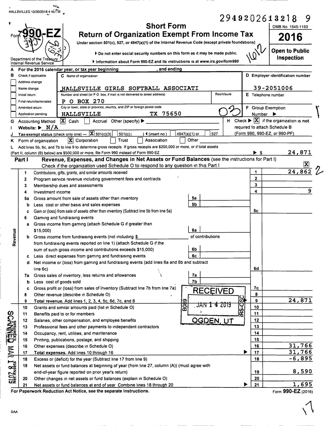 Image of first page of 2016 Form 990EZ for Hallsville Girls Softball Association