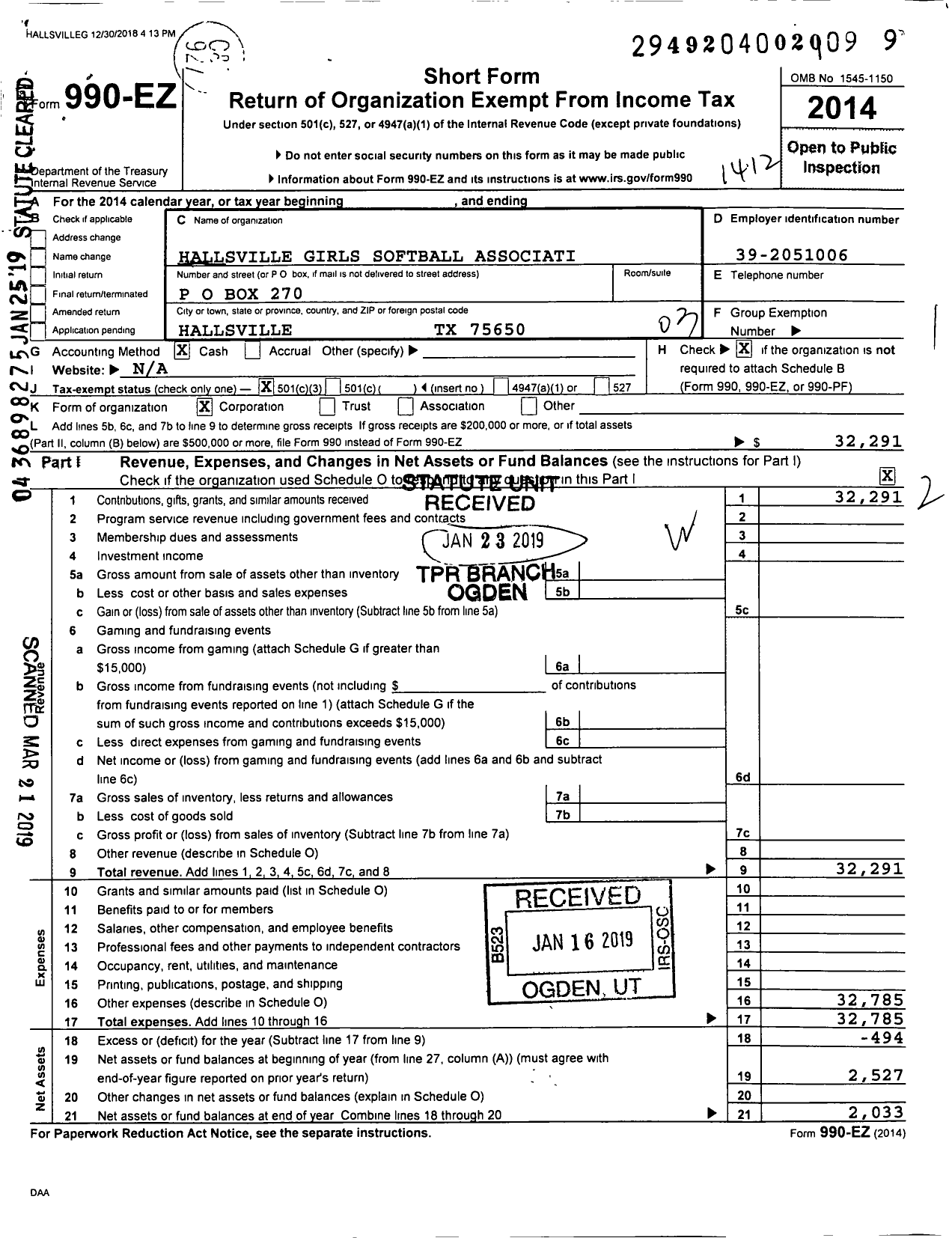 Image of first page of 2014 Form 990EZ for Hallsville Girls Softball Association