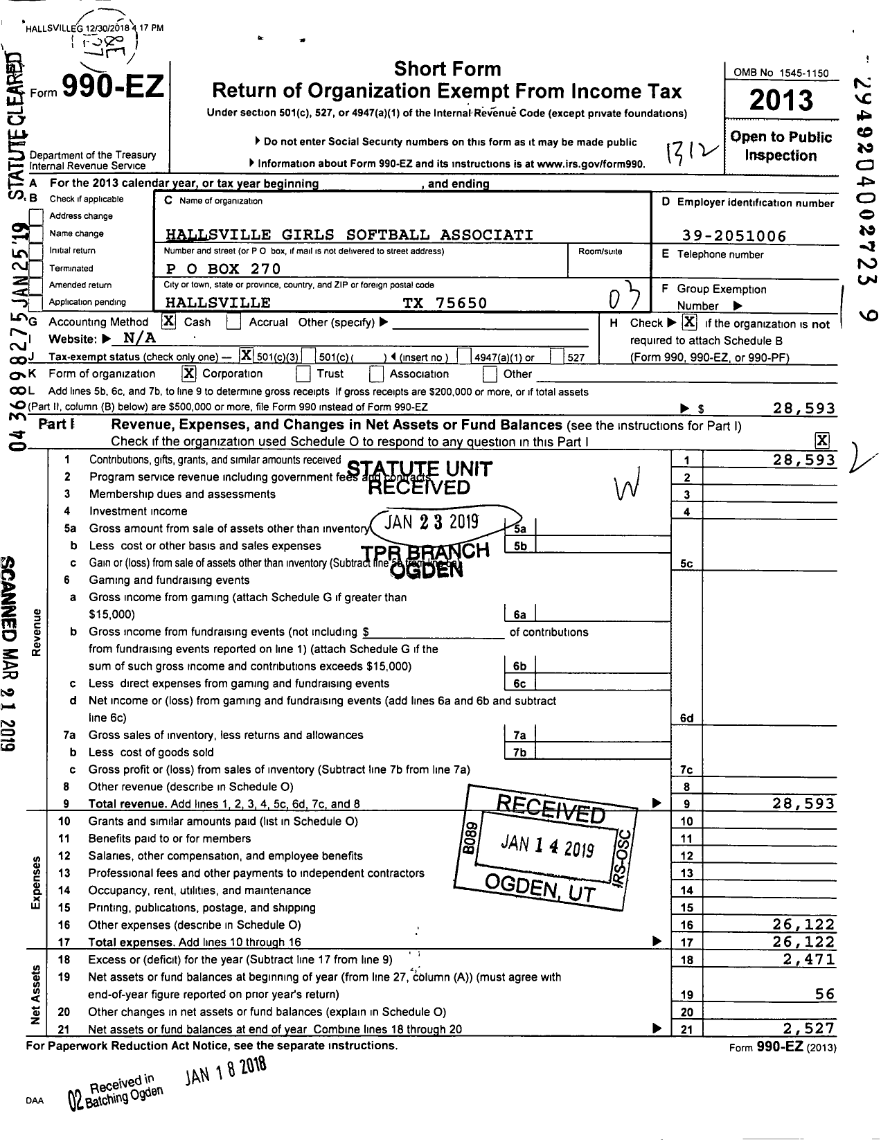 Image of first page of 2013 Form 990EZ for Hallsville Girls Softball Association