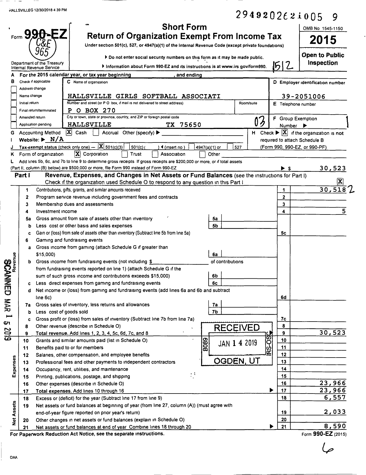 Image of first page of 2015 Form 990EZ for Hallsville Girls Softball Association