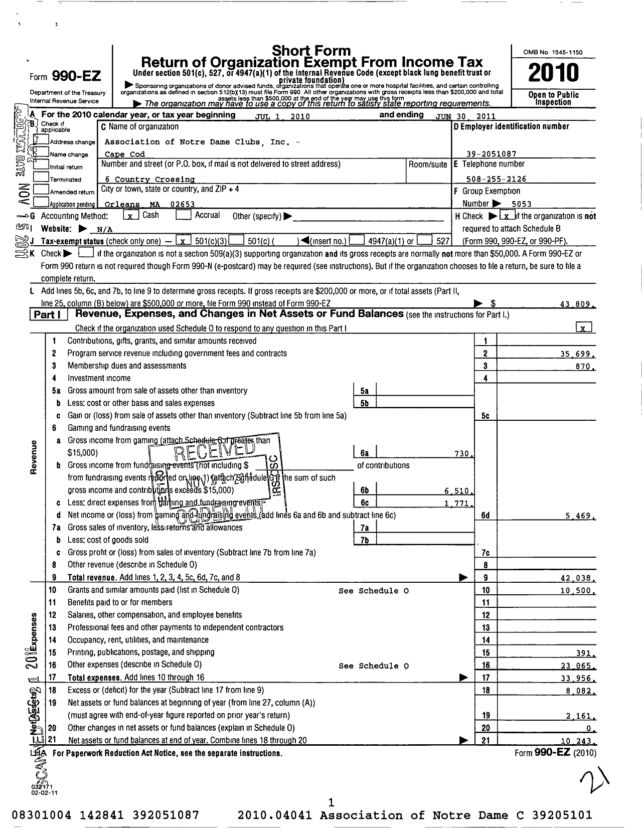 Image of first page of 2010 Form 990EZ for Association of Notre Dame Clubs Inc - Cape Cod