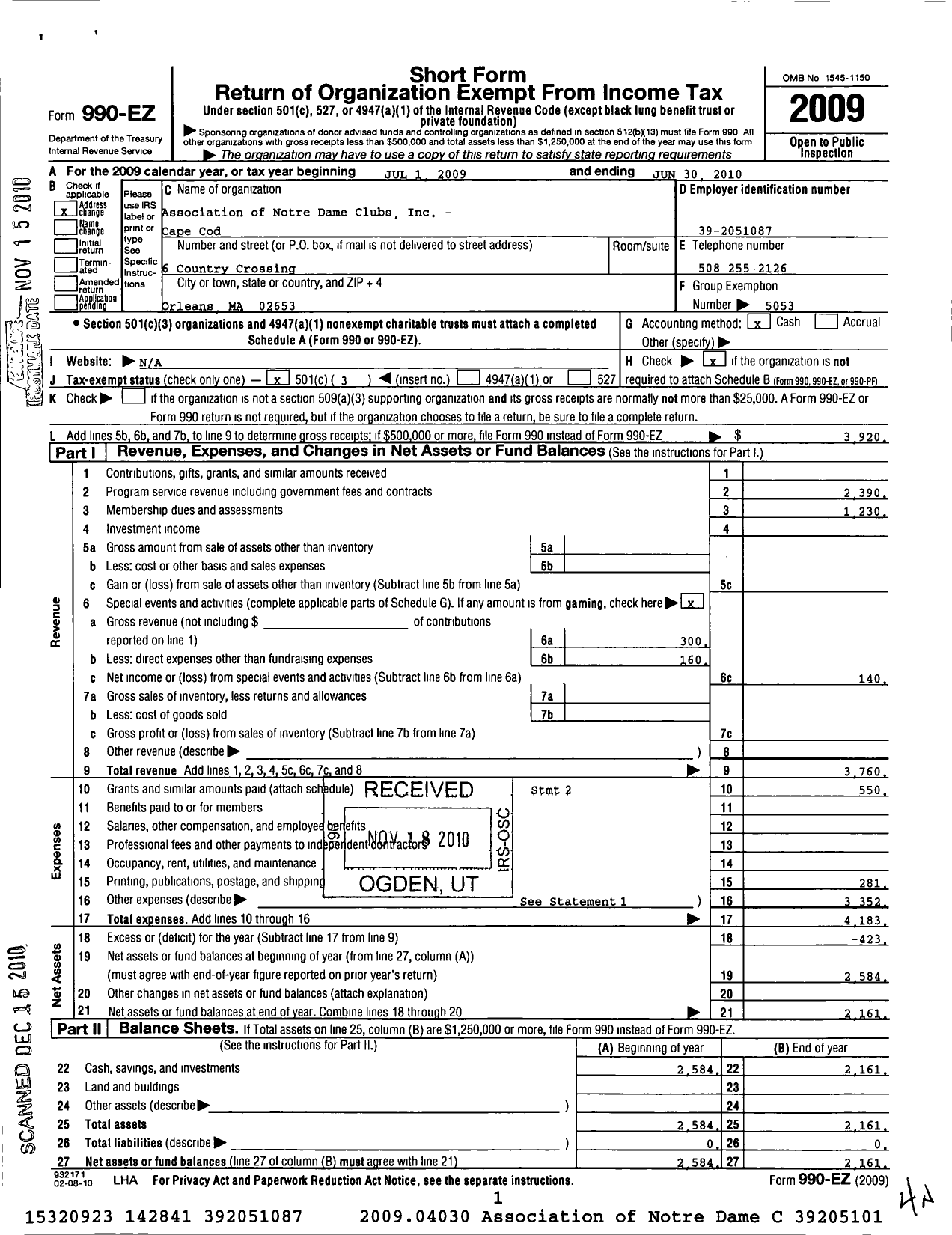 Image of first page of 2009 Form 990EZ for Association of Notre Dame Clubs Inc - Cape Cod