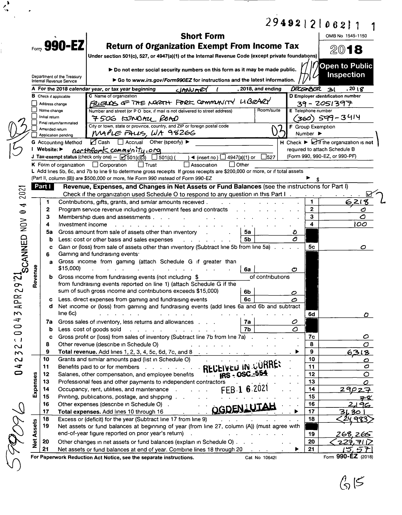 Image of first page of 2018 Form 990EZ for Friends of the North Fork Community Library