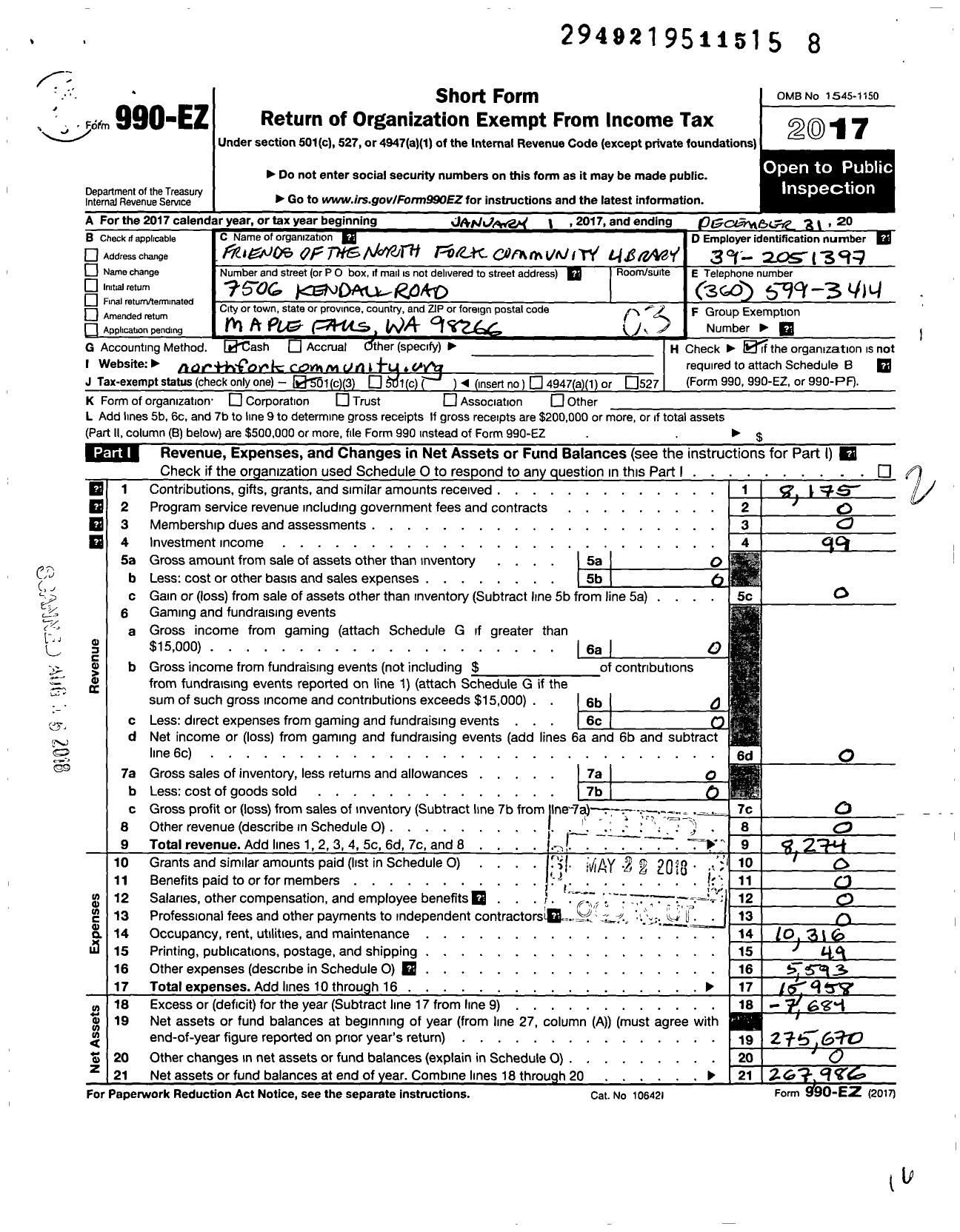 Image of first page of 2017 Form 990EZ for Friends of the North Fork Community Library