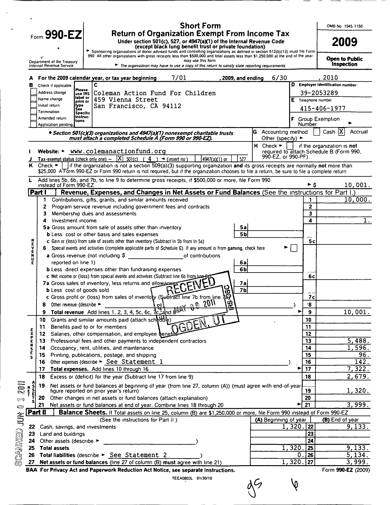 Image of first page of 2009 Form 990EO for Coleman Action Fund For Children and Youth